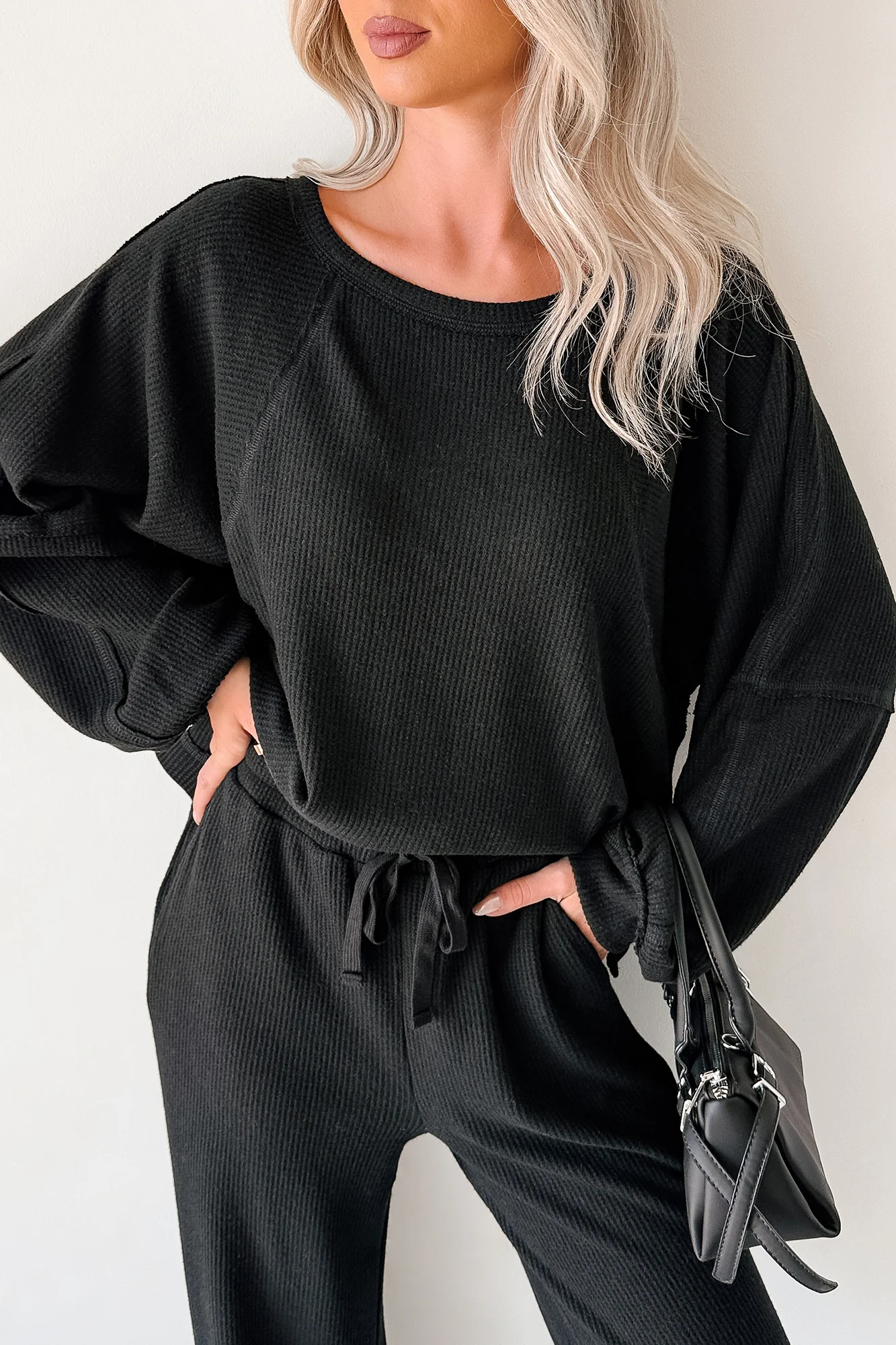 Still Breathing Waffle Knit Long Sleeve Top (Black) - Image 8