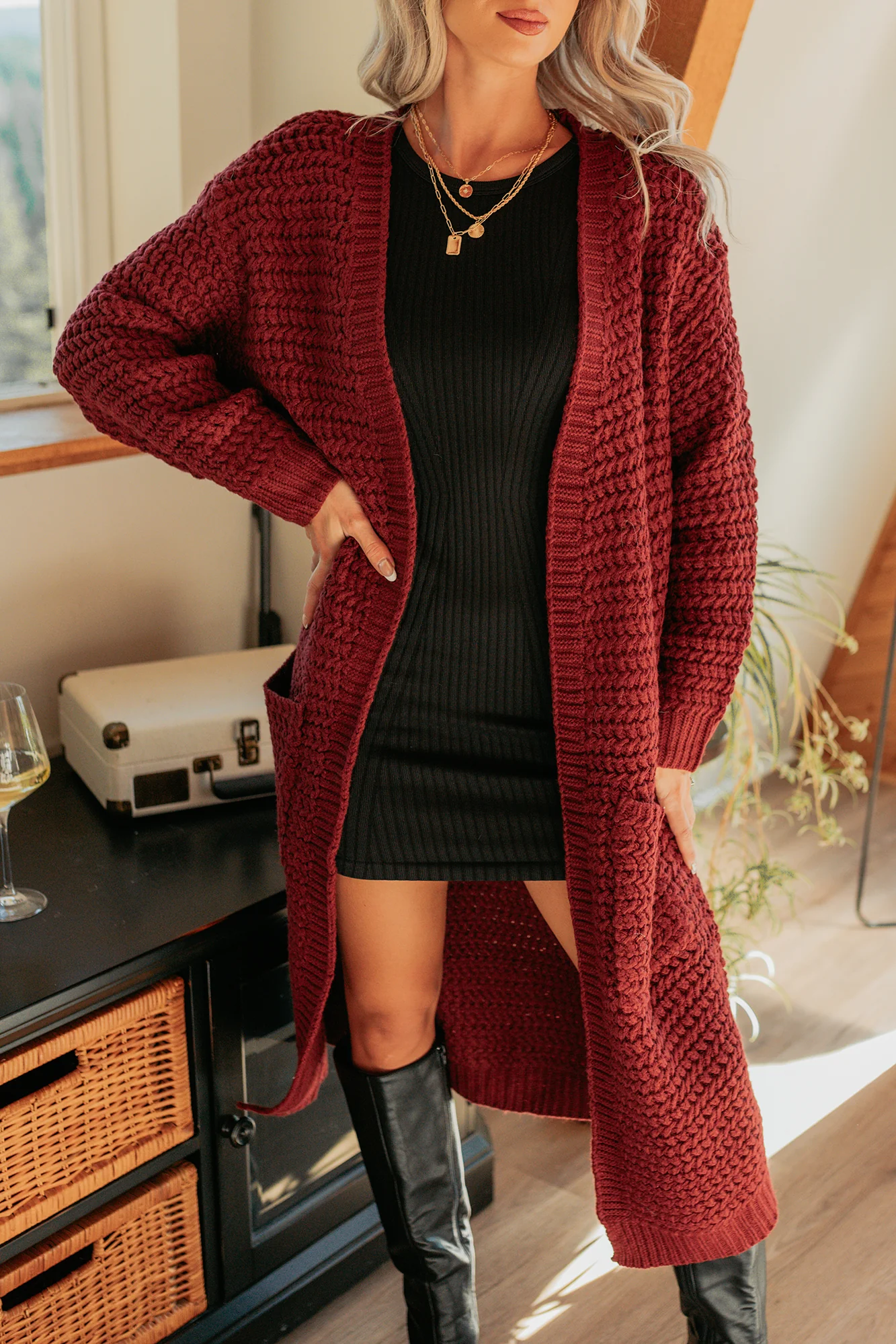 Still Dreaming Cable Knit Long Cardigan (Bordeaux) - Image 2