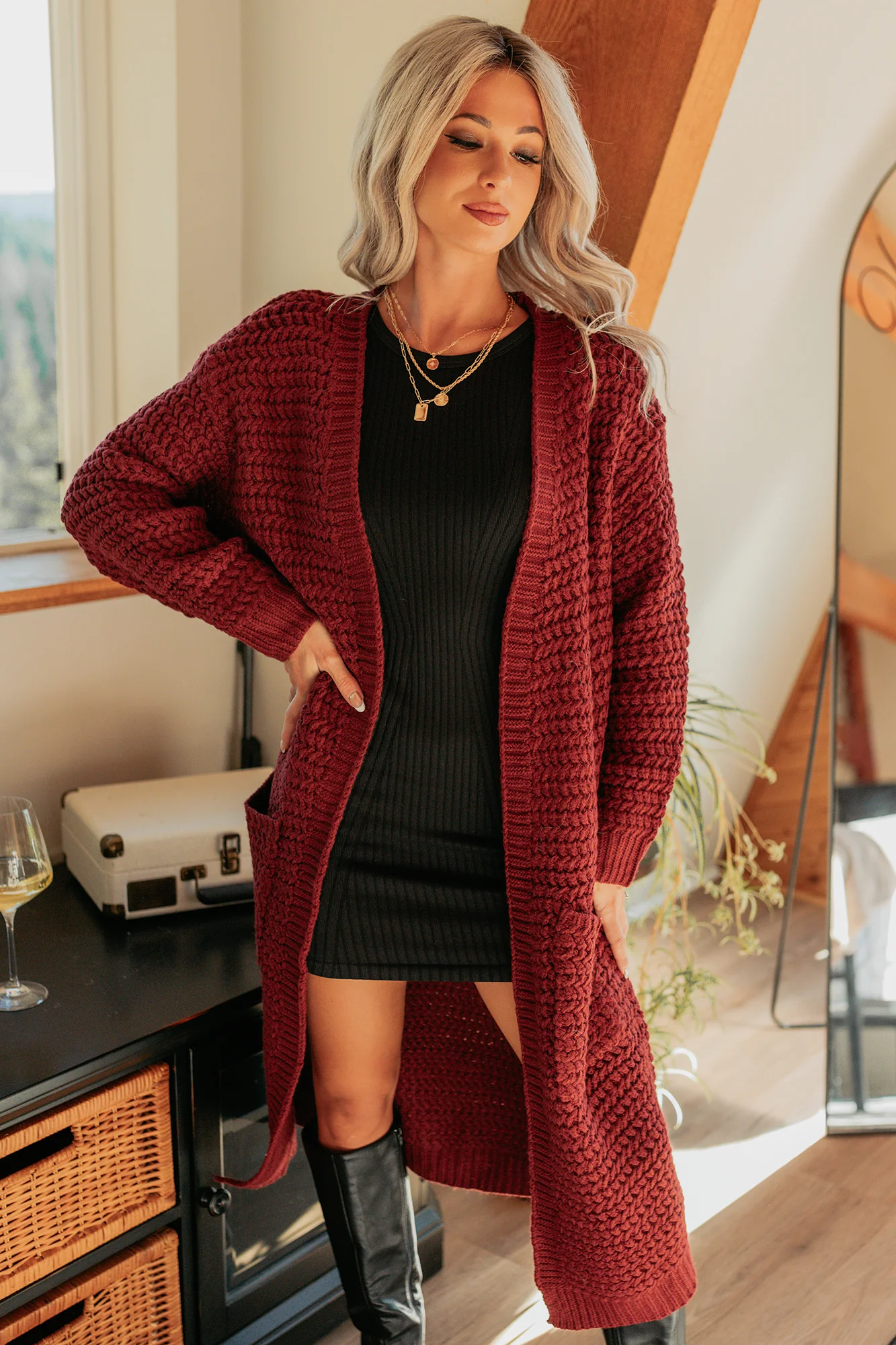 Still Dreaming Cable Knit Long Cardigan (Bordeaux) - Image 6