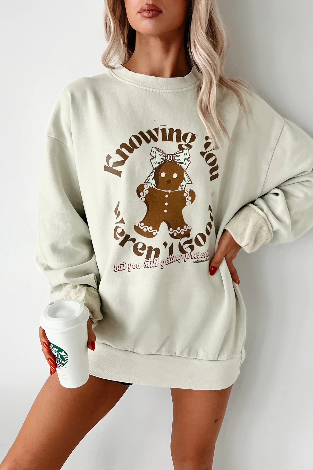 "Still Getting Presents" Graphic Sweatshirt (Pale Sage) - Image 4