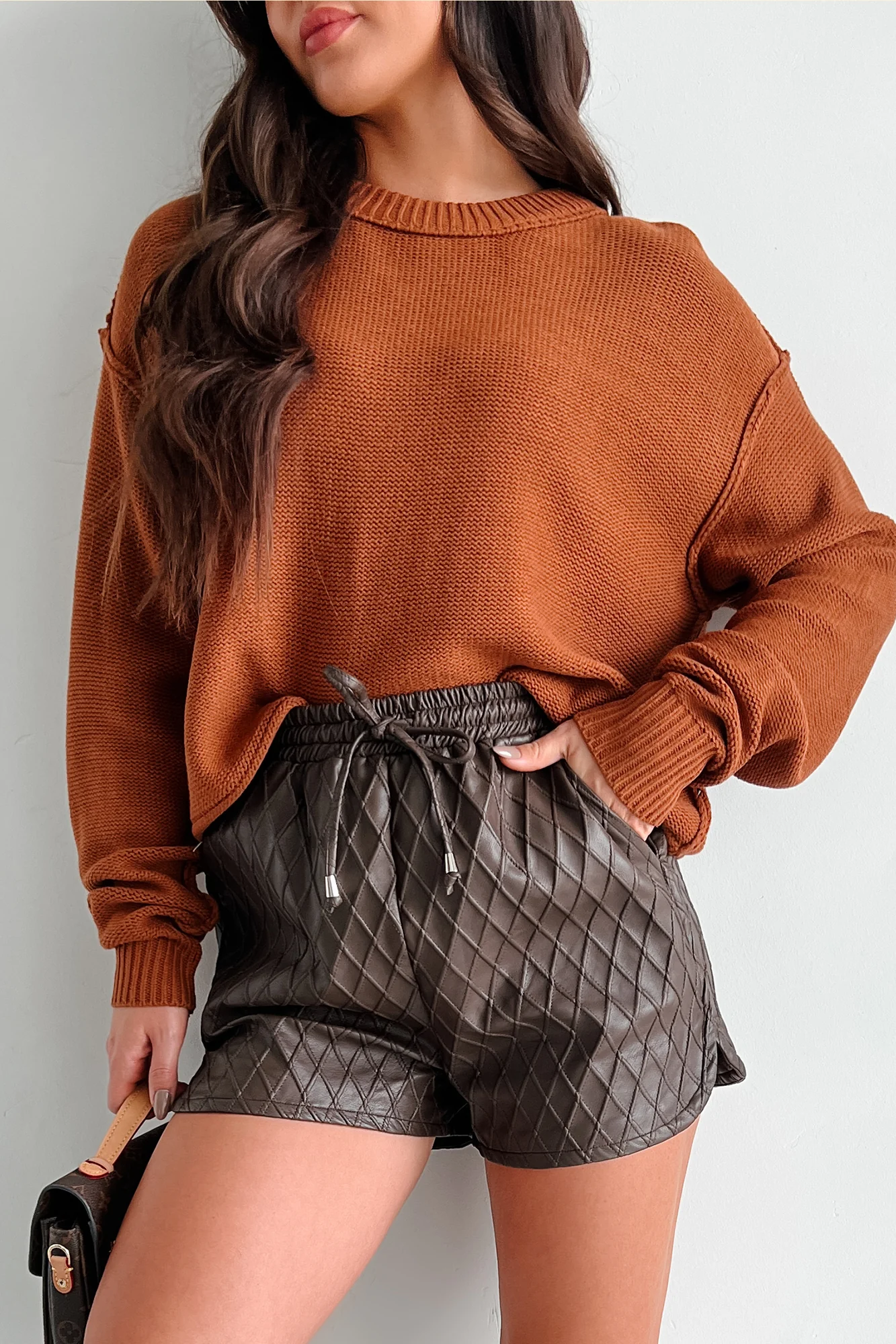 Stop Pretending Faux Leather Quilted Texture Shorts (Chocolate) - Image 3