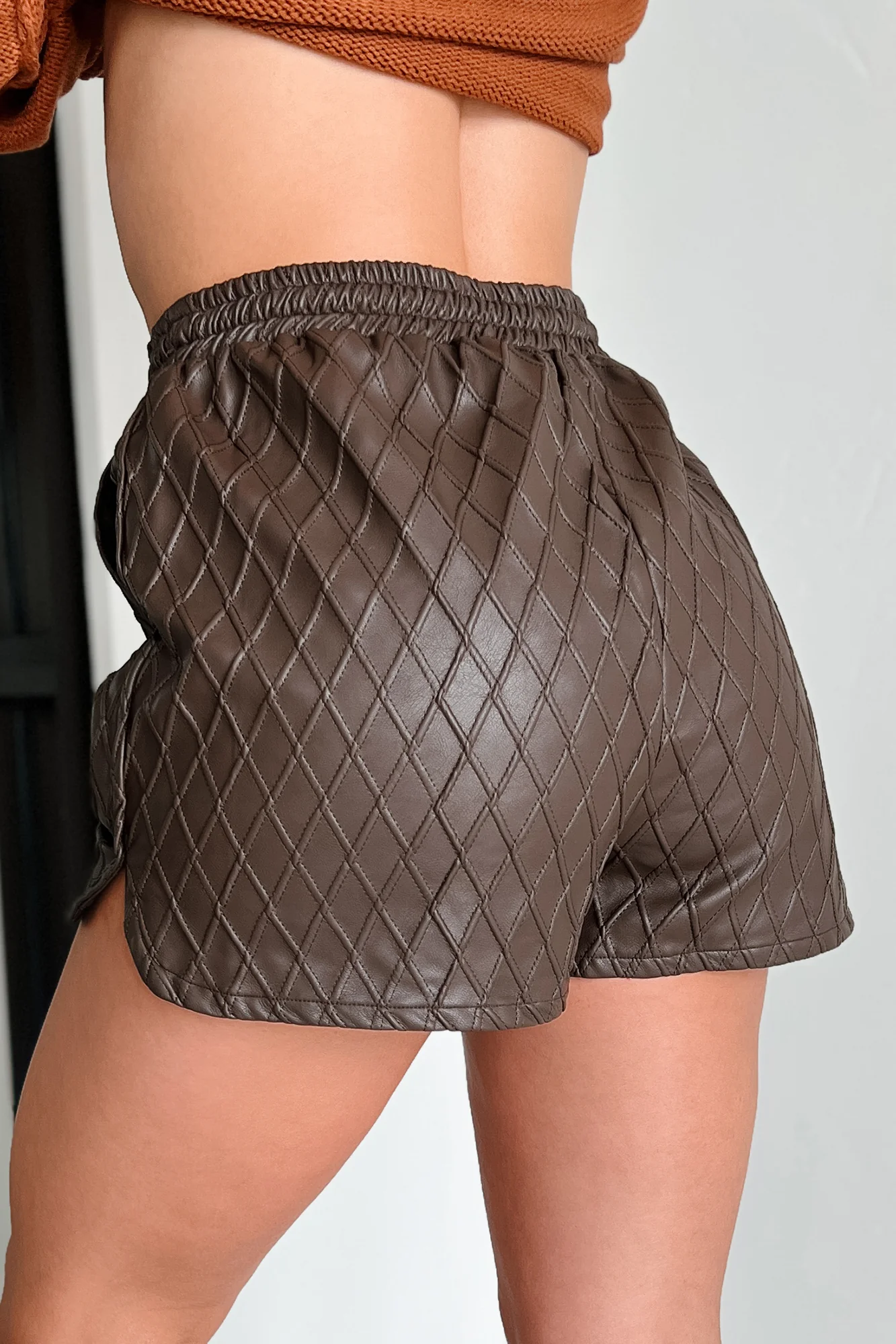 Stop Pretending Faux Leather Quilted Texture Shorts (Chocolate) - Image 5