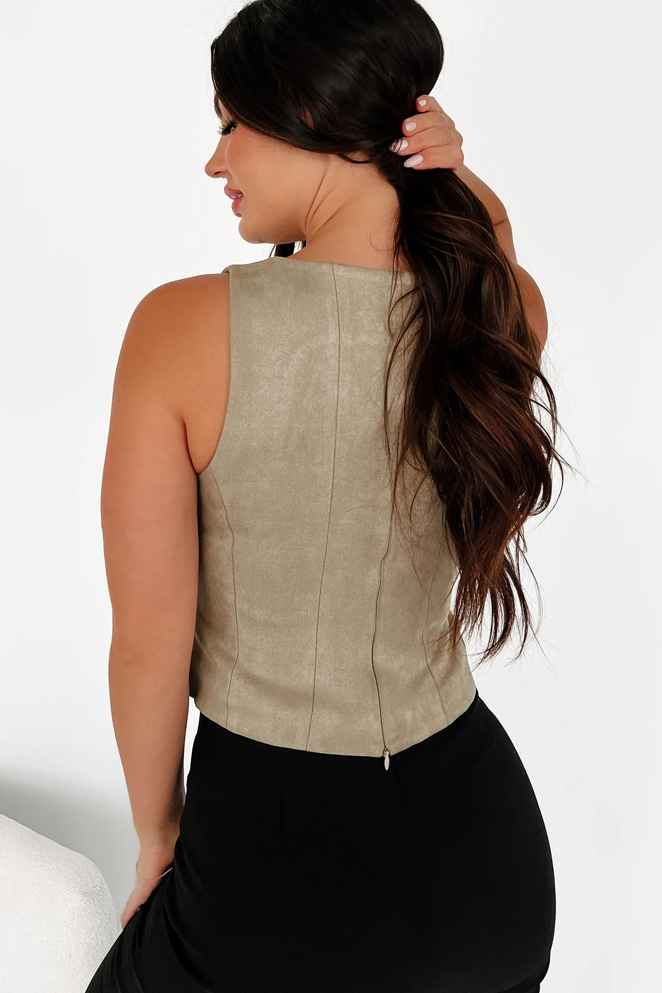 Style Disruptor Faux Suede Lace-Up Top (Olive) - Image 5