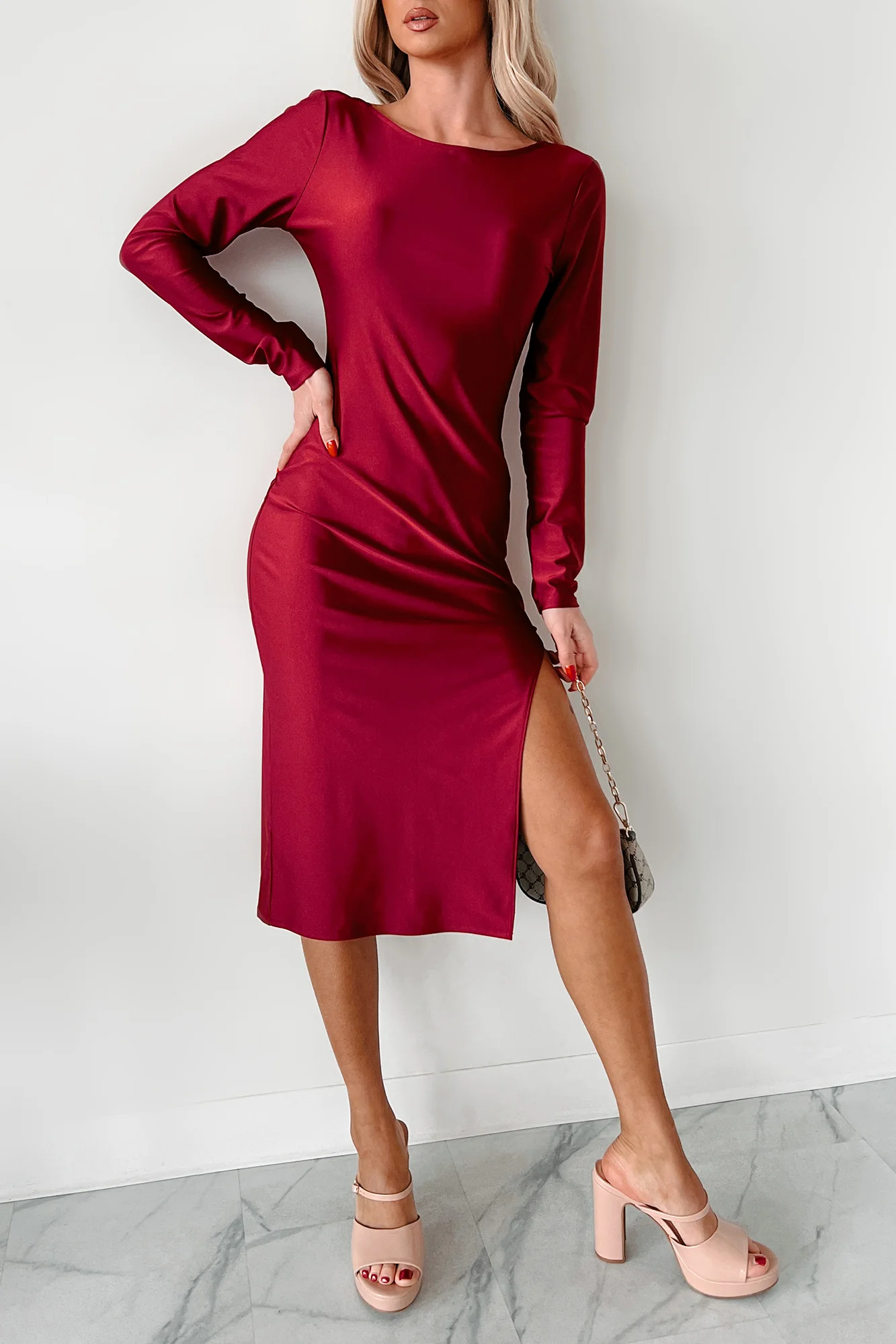Style Essence Long Sleeve Midi Dress (Burgundy Red) - Image 2