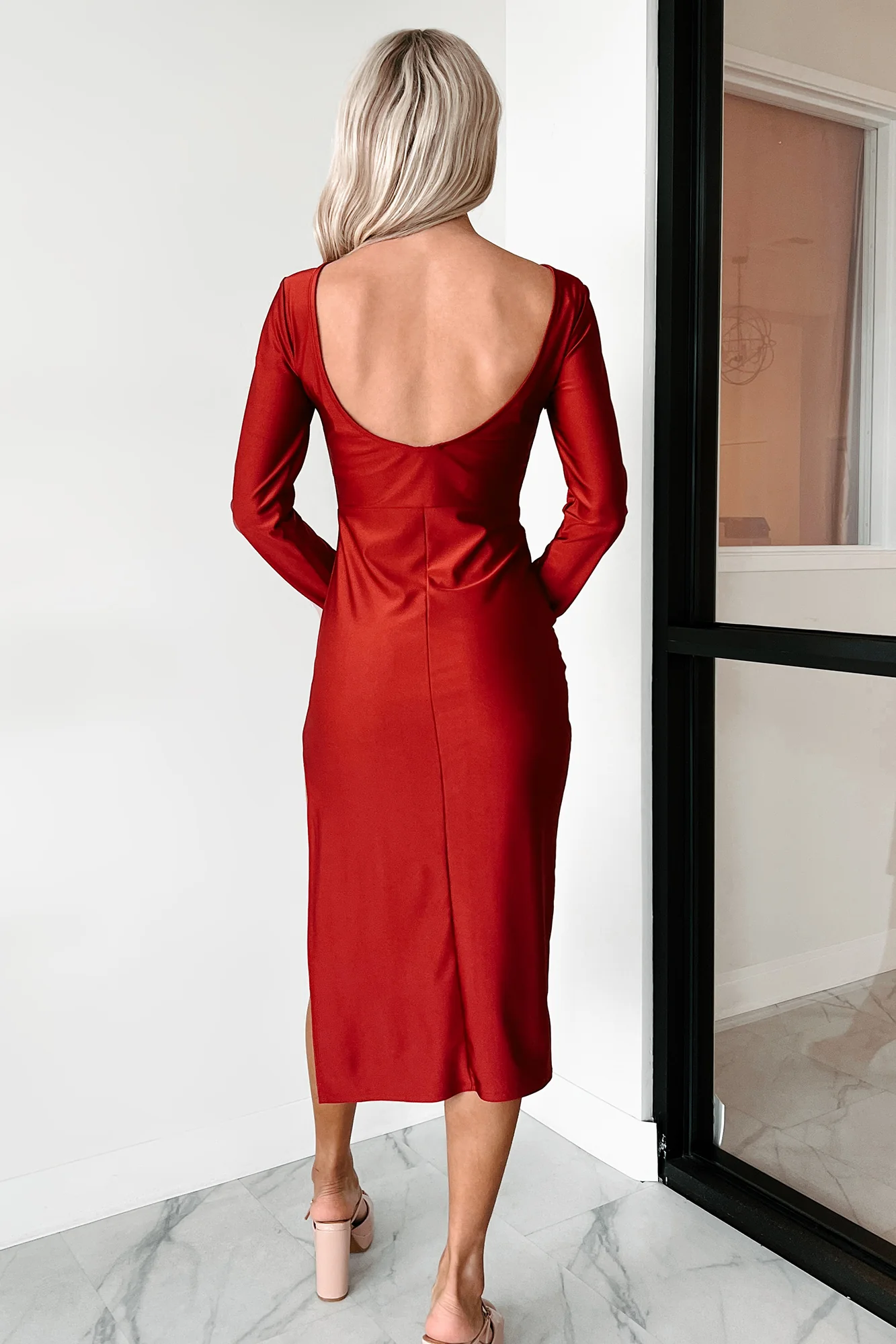 Style Essence Long Sleeve Midi Dress (Burgundy Red) - Image 3