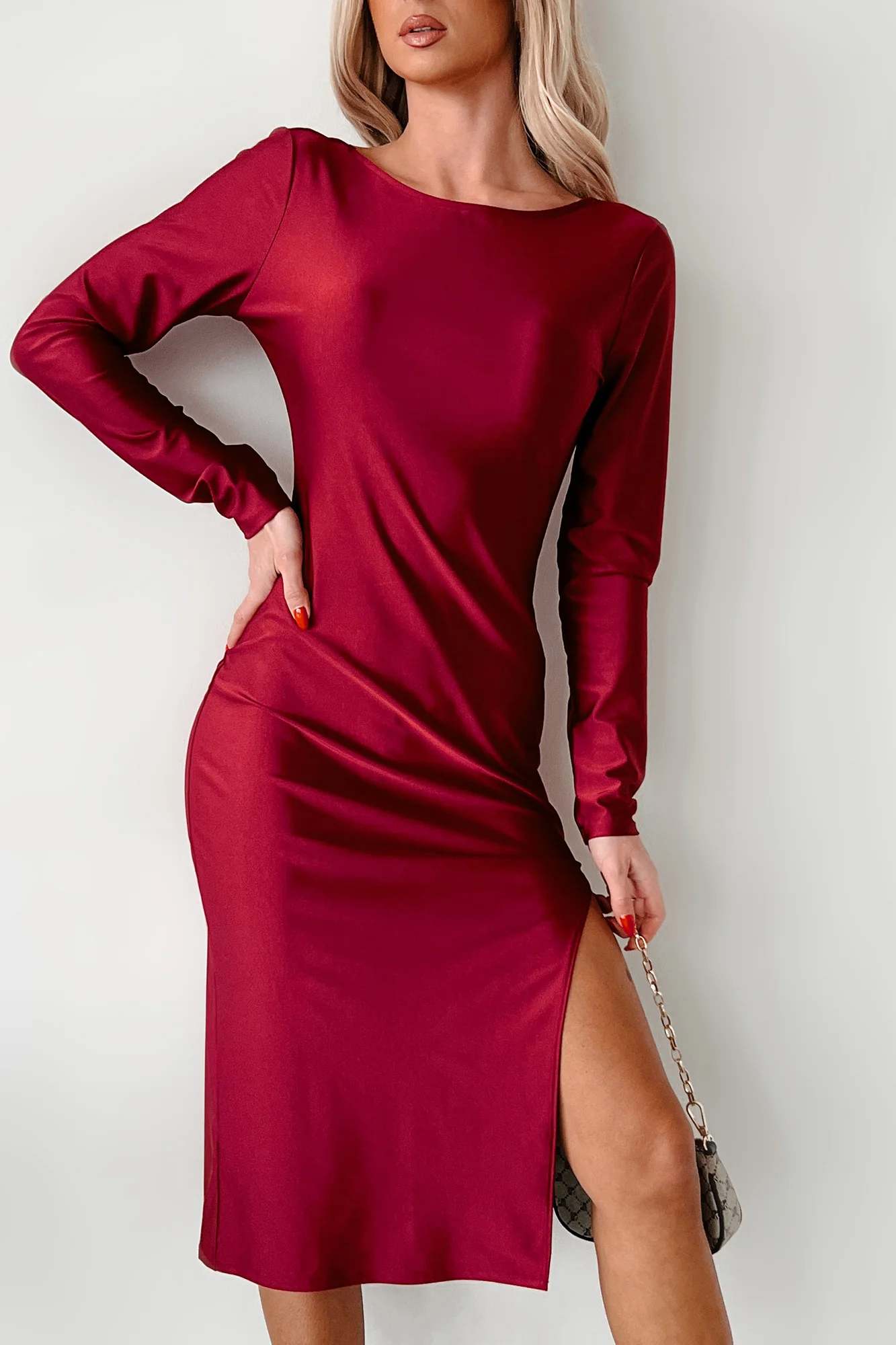 Style Essence Long Sleeve Midi Dress (Burgundy Red) - Image 4