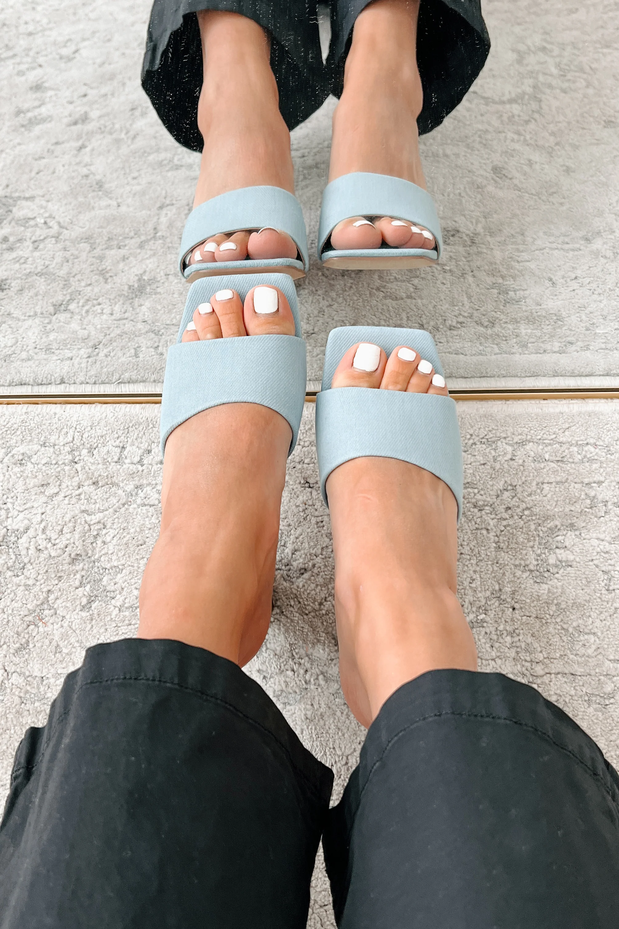Style Points Square Toe Block Heel Sandals (Blue Fabric) - Image 4