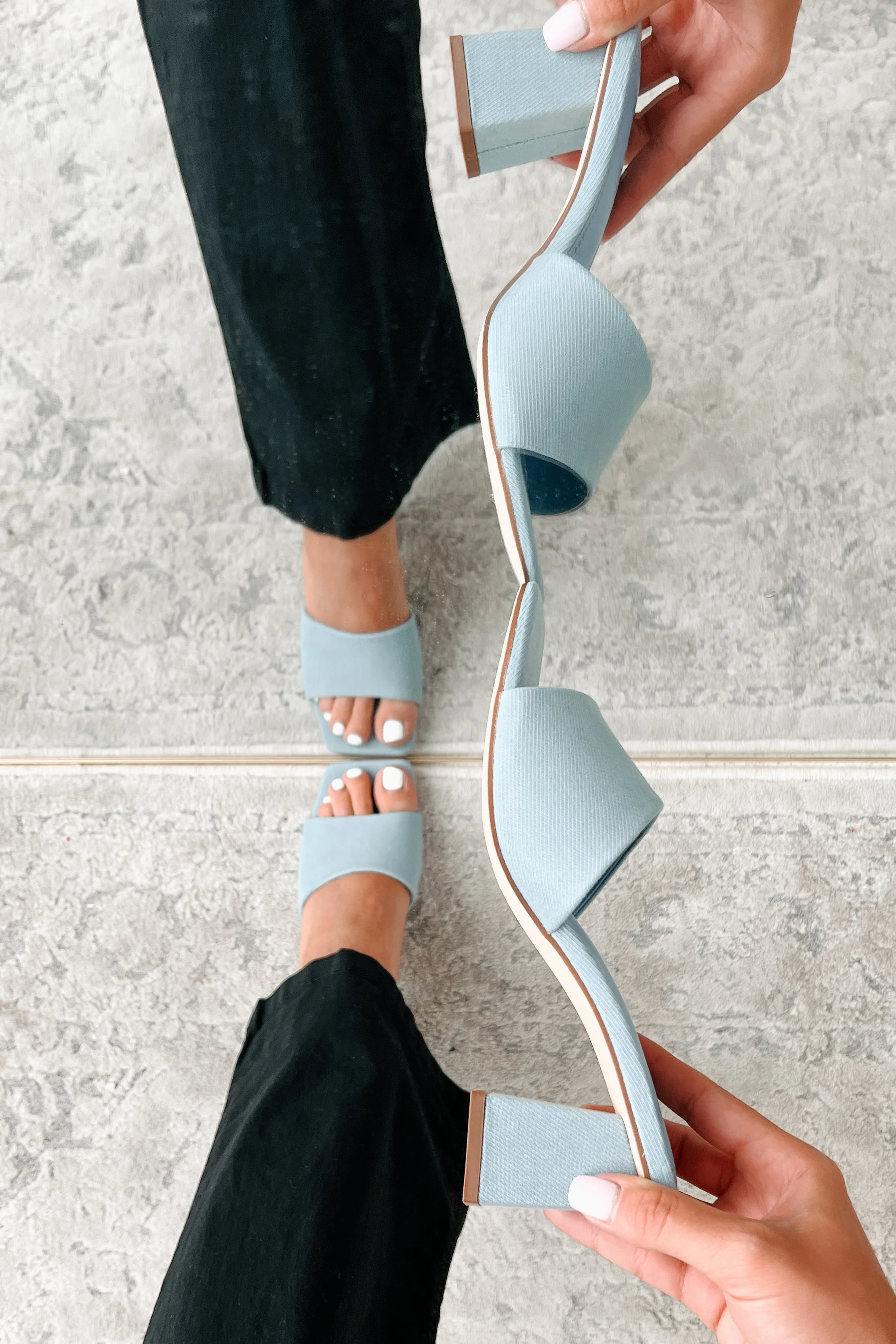 Style Points Square Toe Block Heel Sandals (Blue Fabric) - Image 5