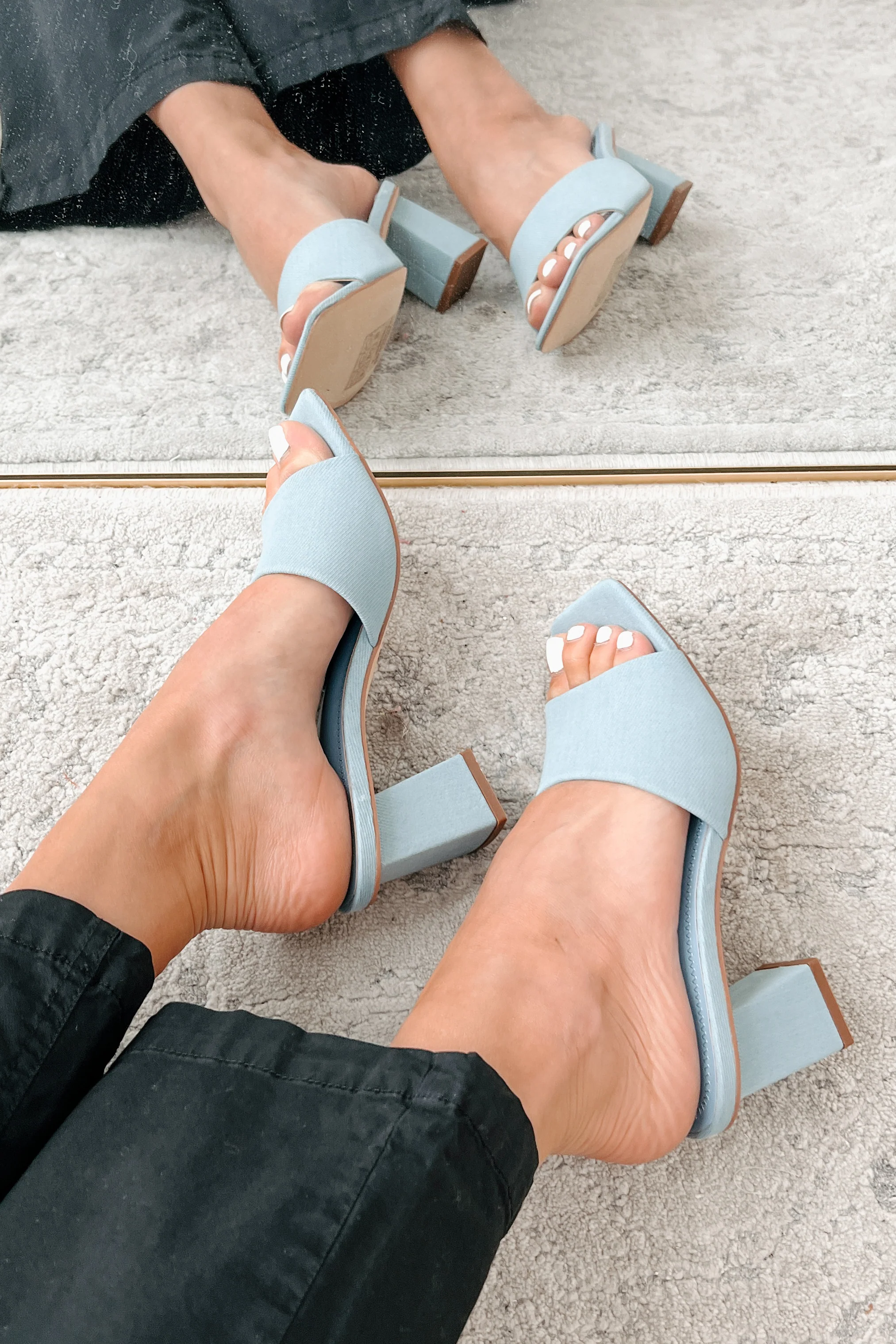 Style Points Square Toe Block Heel Sandals (Blue Fabric) - Image 6