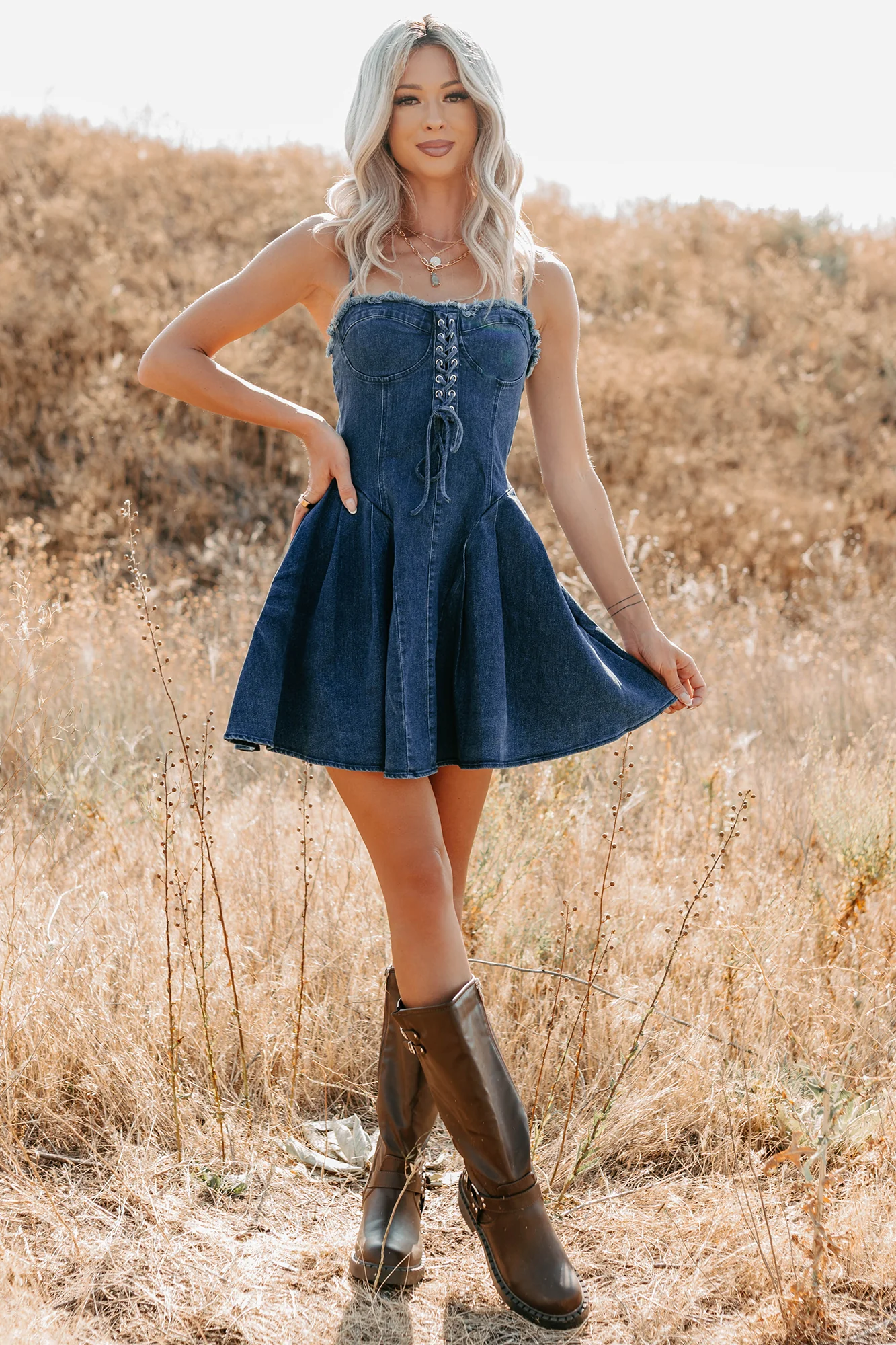 Subtle Power Lace-Up Sleeveless Mini Dress (Denim Blue) - Image 6