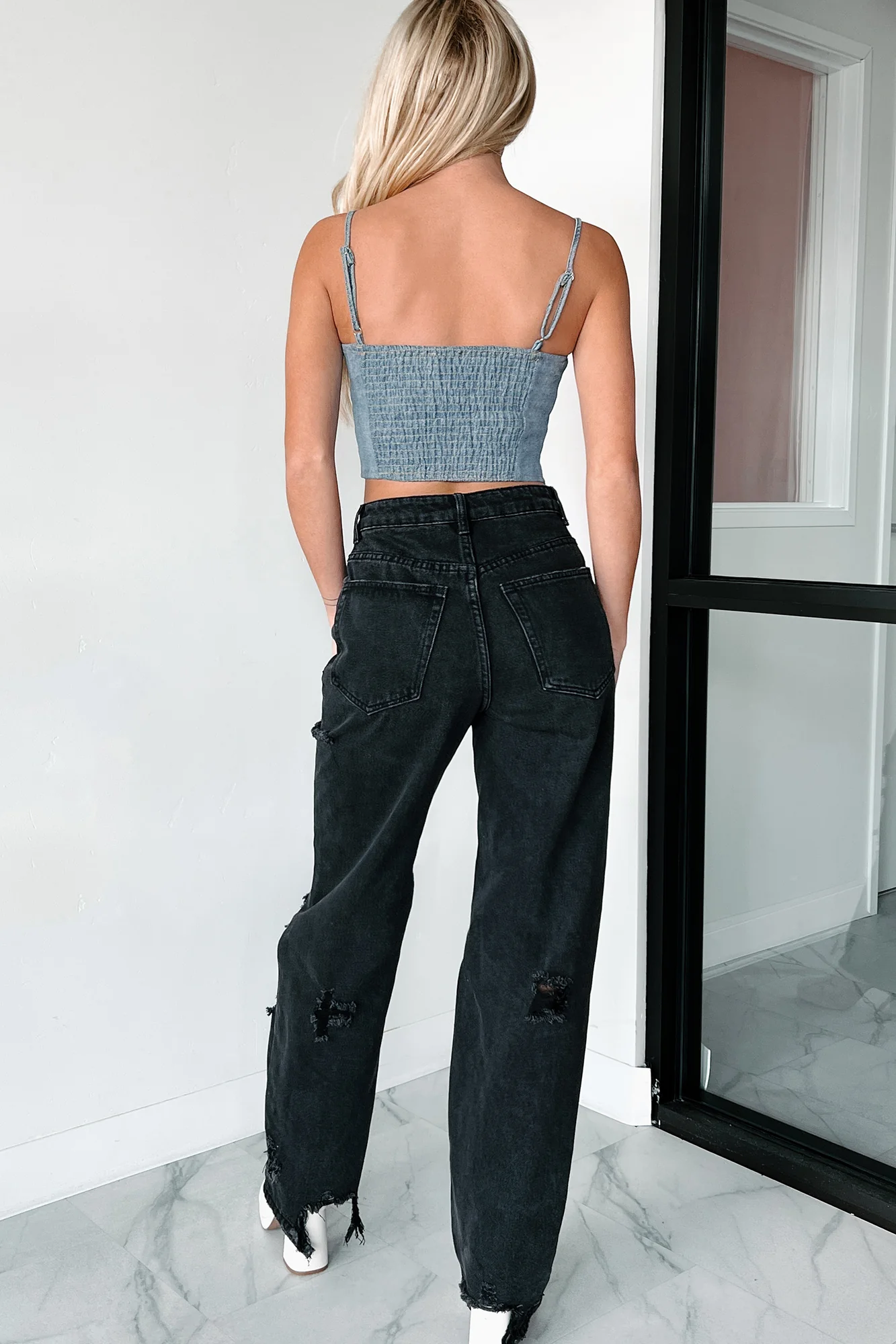 DOORBUSTER Subtle Slay Denim Plaid Zip-Front Tank Top (Blue Denim) - Image 7