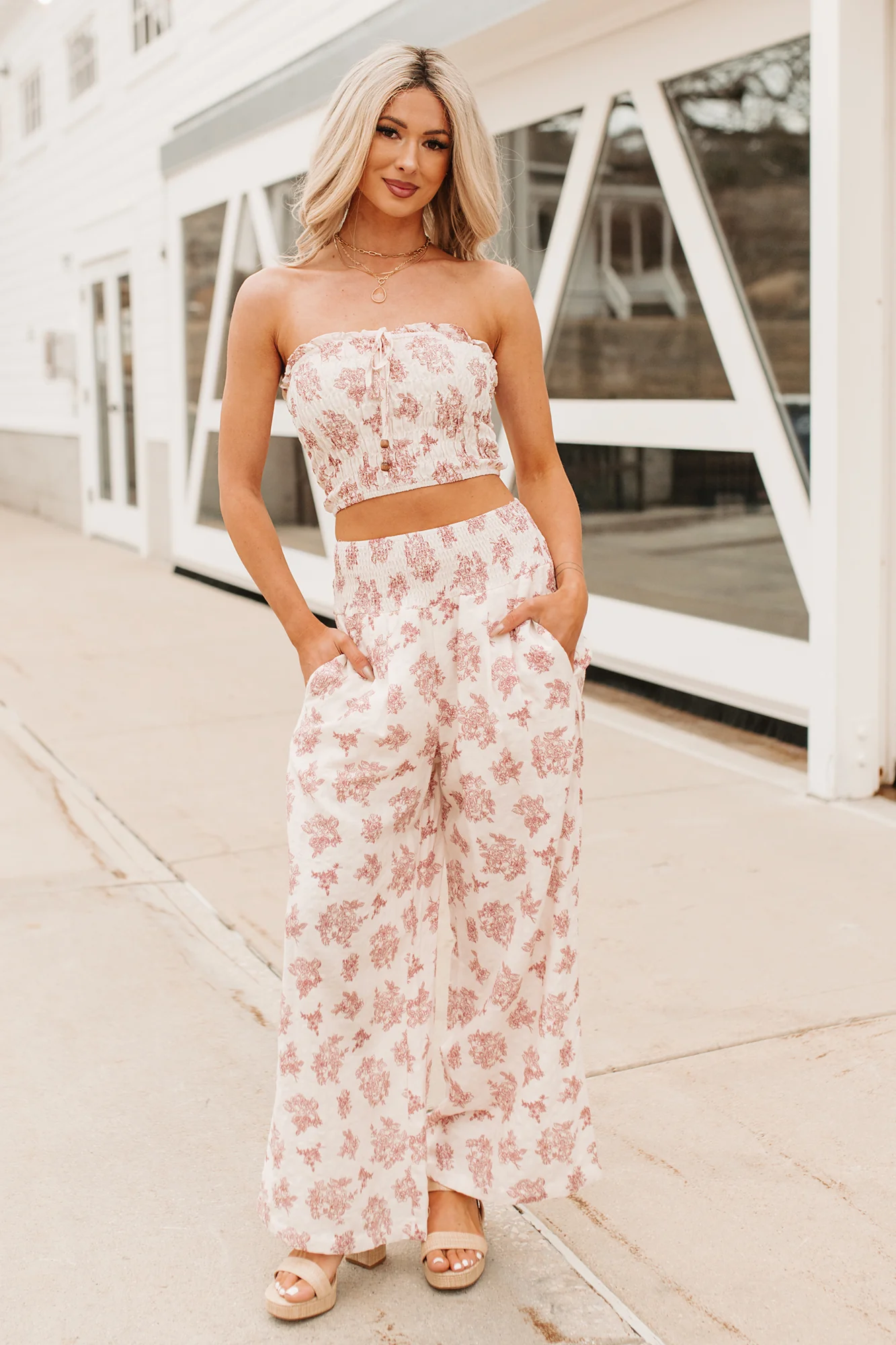 Sugar & Sunshine Floral Smocked Bandeau And Pants Set (Burgundy) - Image 2