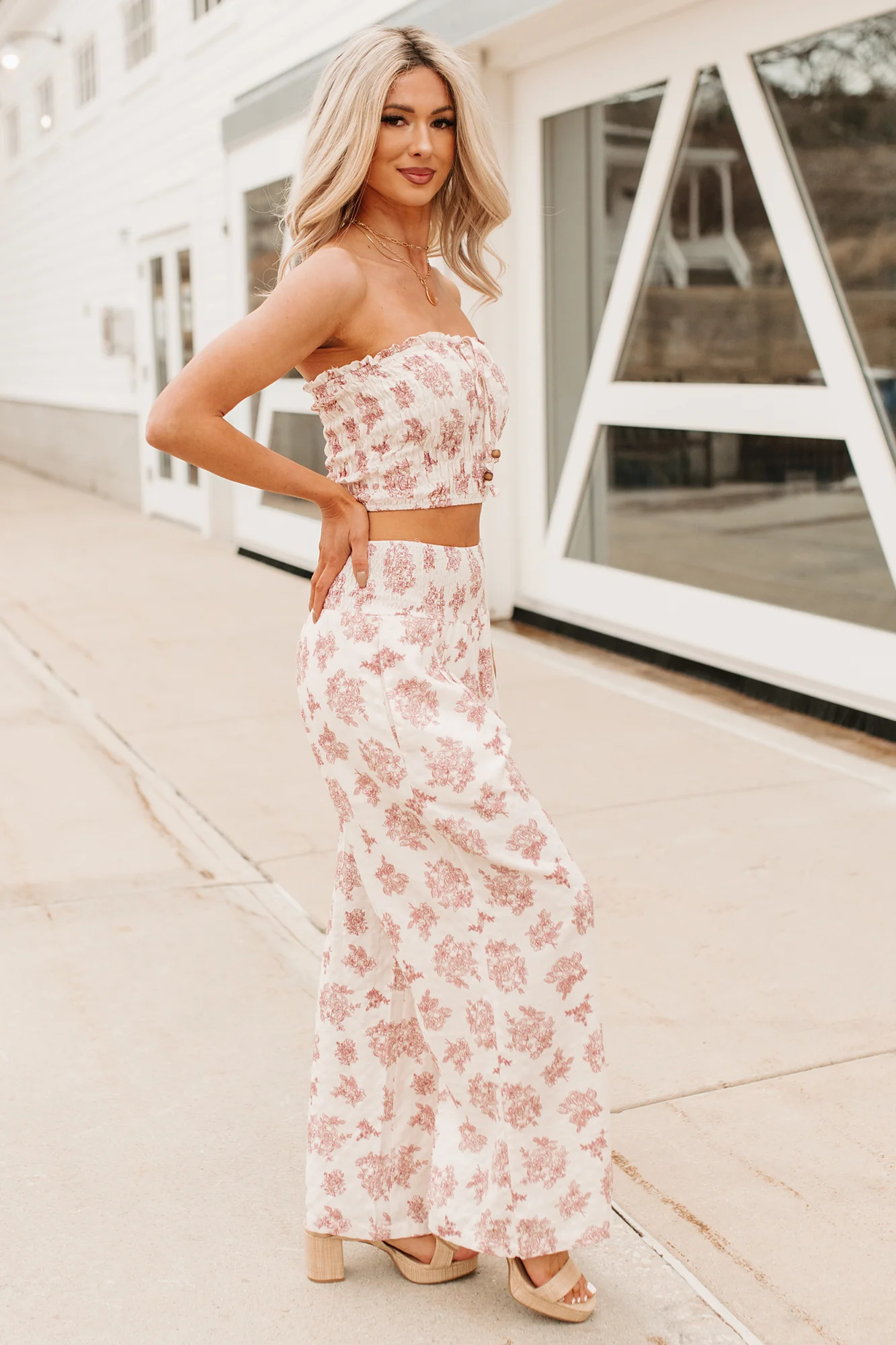 Sugar & Sunshine Floral Smocked Bandeau And Pants Set (Burgundy) - Image 3