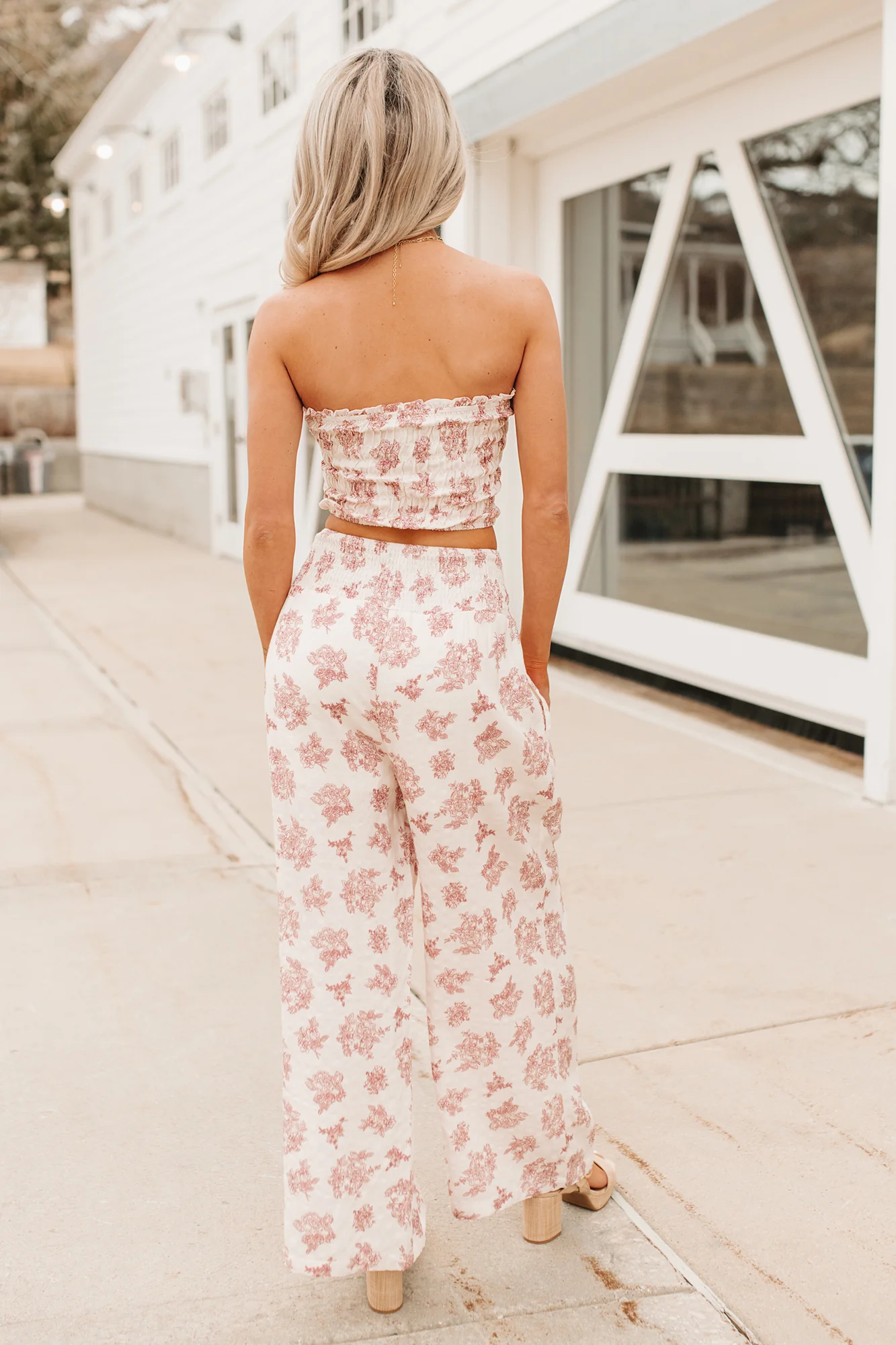 Sugar & Sunshine Floral Smocked Bandeau And Pants Set (Burgundy) - Image 4