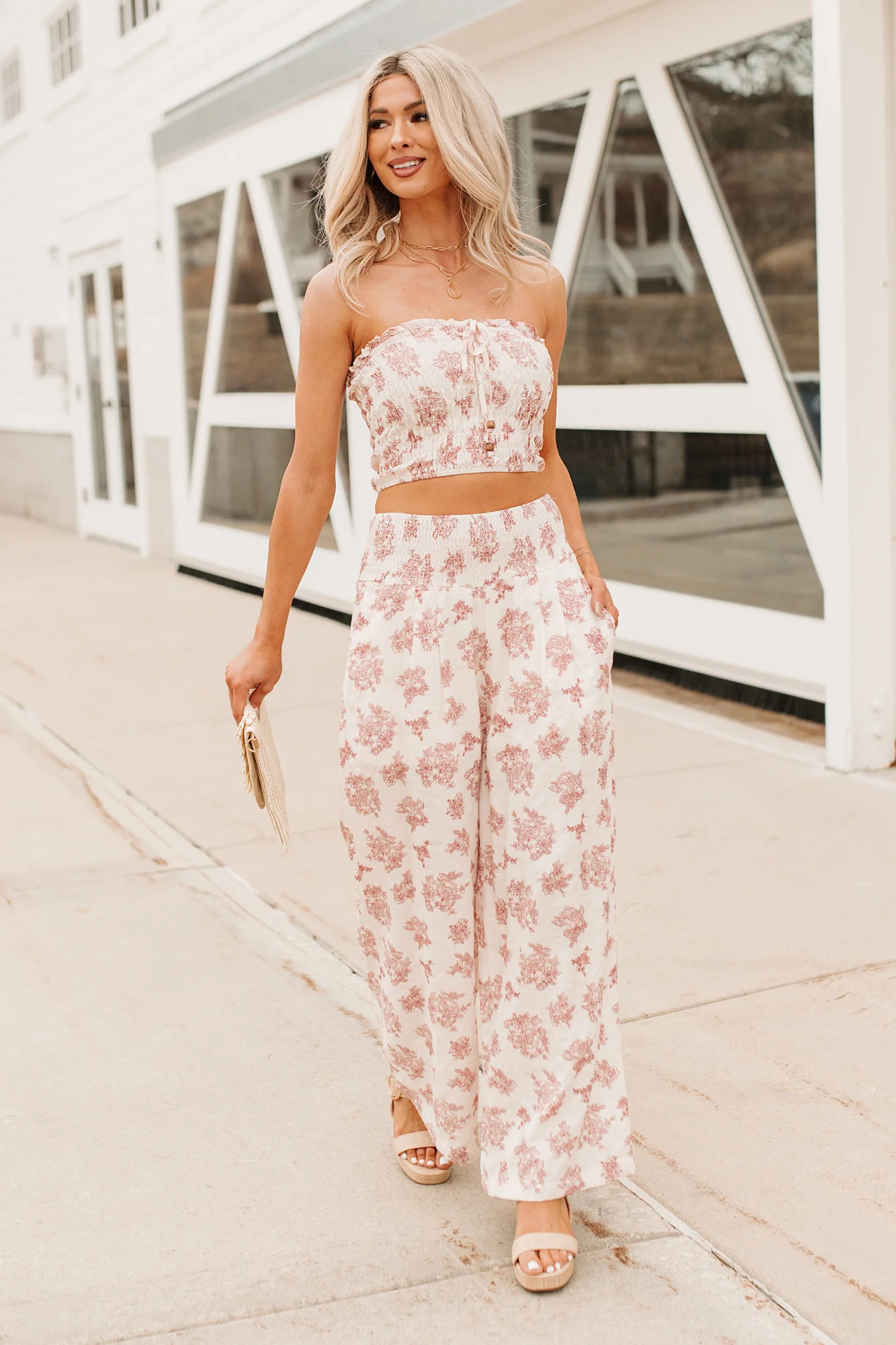 Sugar & Sunshine Floral Smocked Bandeau And Pants Set (Burgundy) - Image 6