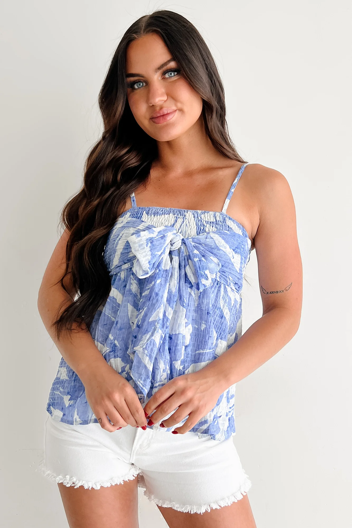 Summery Aura Smocked Tied Babydoll Tank Top (Blue) - Image 6