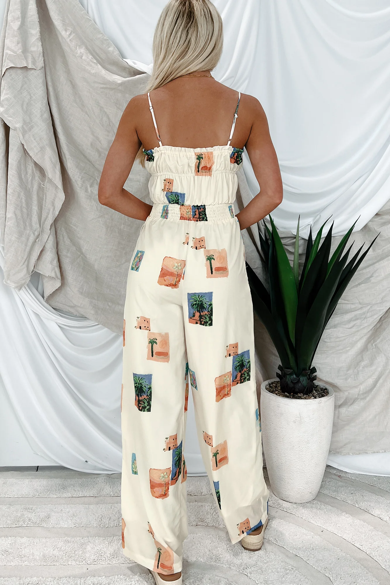 Sun & Done Printed Wide Leg Jumpsuit (Cream) - Image 4