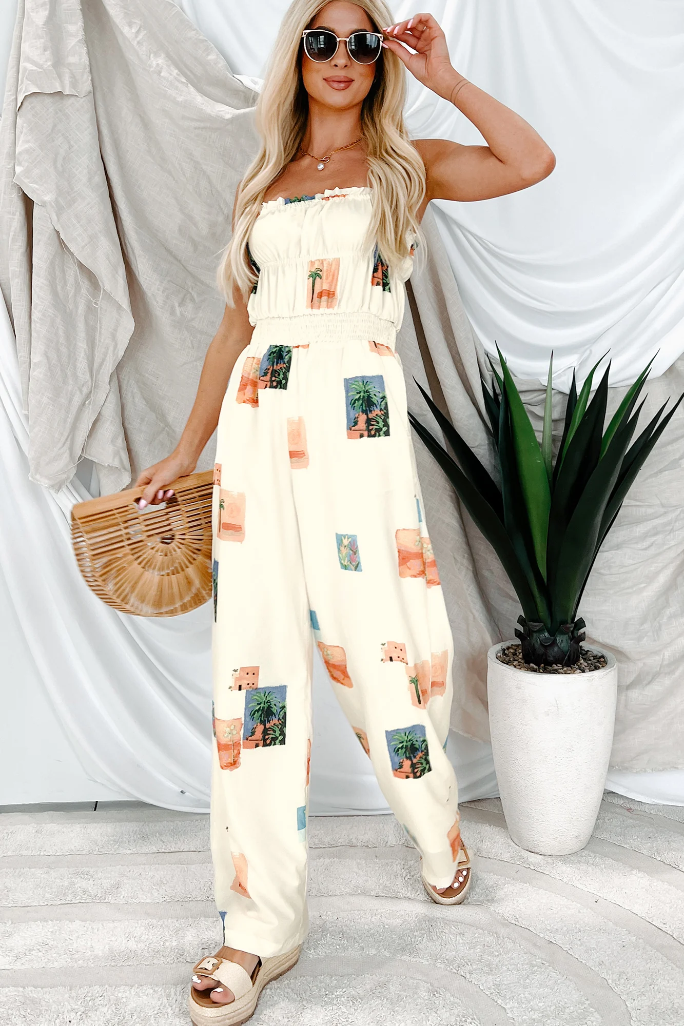 Sun & Done Printed Wide Leg Jumpsuit (Cream) - Image 7