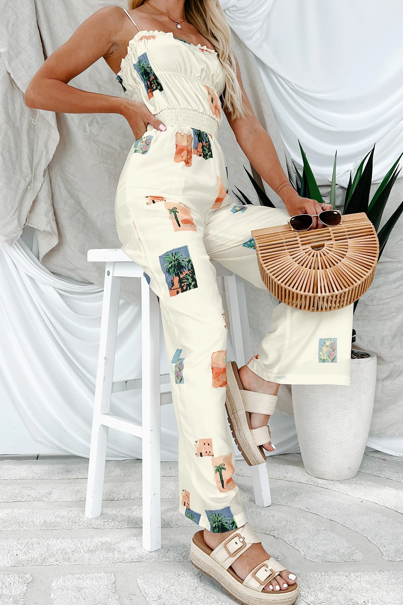Sun & Done Printed Wide Leg Jumpsuit (Cream) - Image 8
