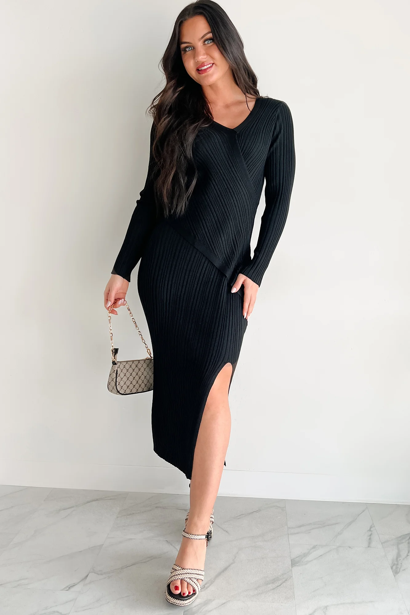 Sunday Brunch Ribbed Long Sleeve Maxi Dress (Black) - Image 2