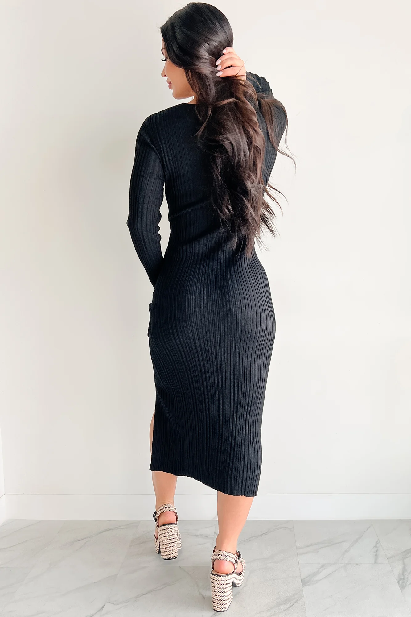 Sunday Brunch Ribbed Long Sleeve Maxi Dress (Black) - Image 4