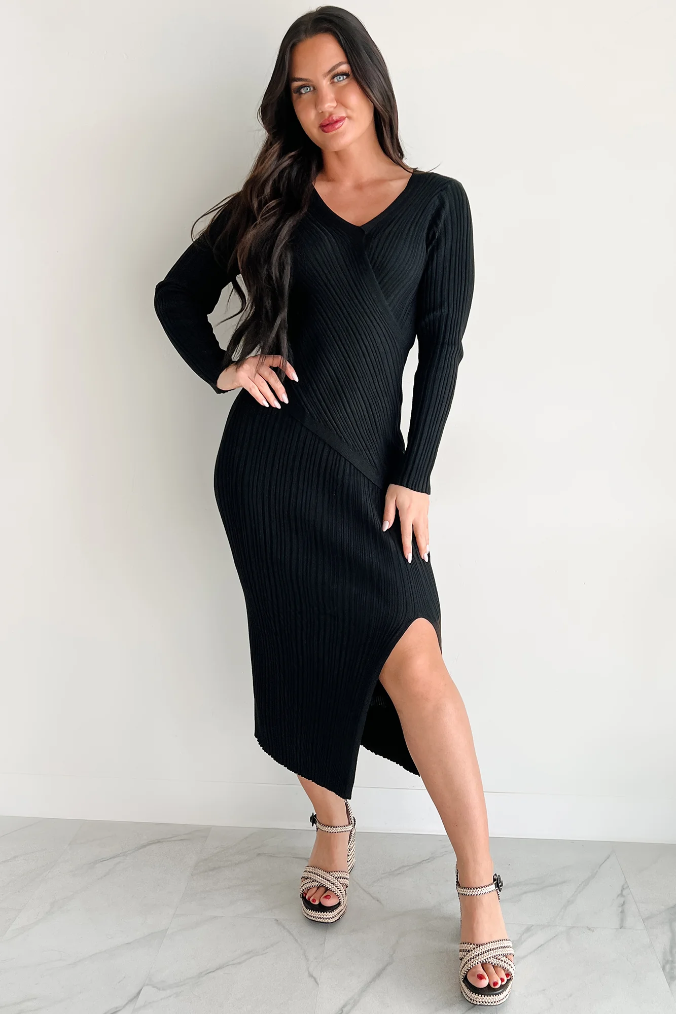 Sunday Brunch Ribbed Long Sleeve Maxi Dress (Black) - Image 6