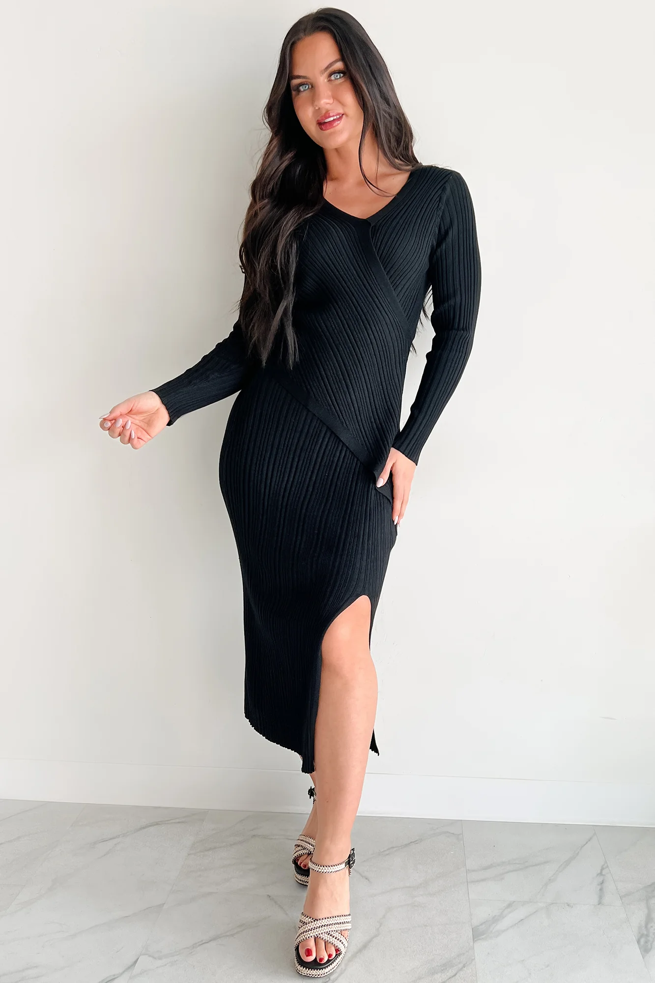 Sunday Brunch Ribbed Long Sleeve Maxi Dress (Black) - Image 7