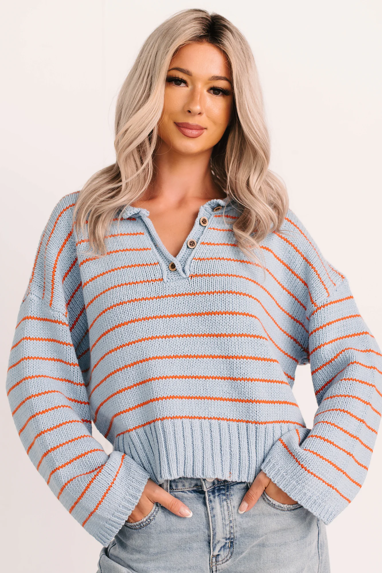 Sunday Comfort Striped Henley Sweater (Blue/Orange) - Image 10