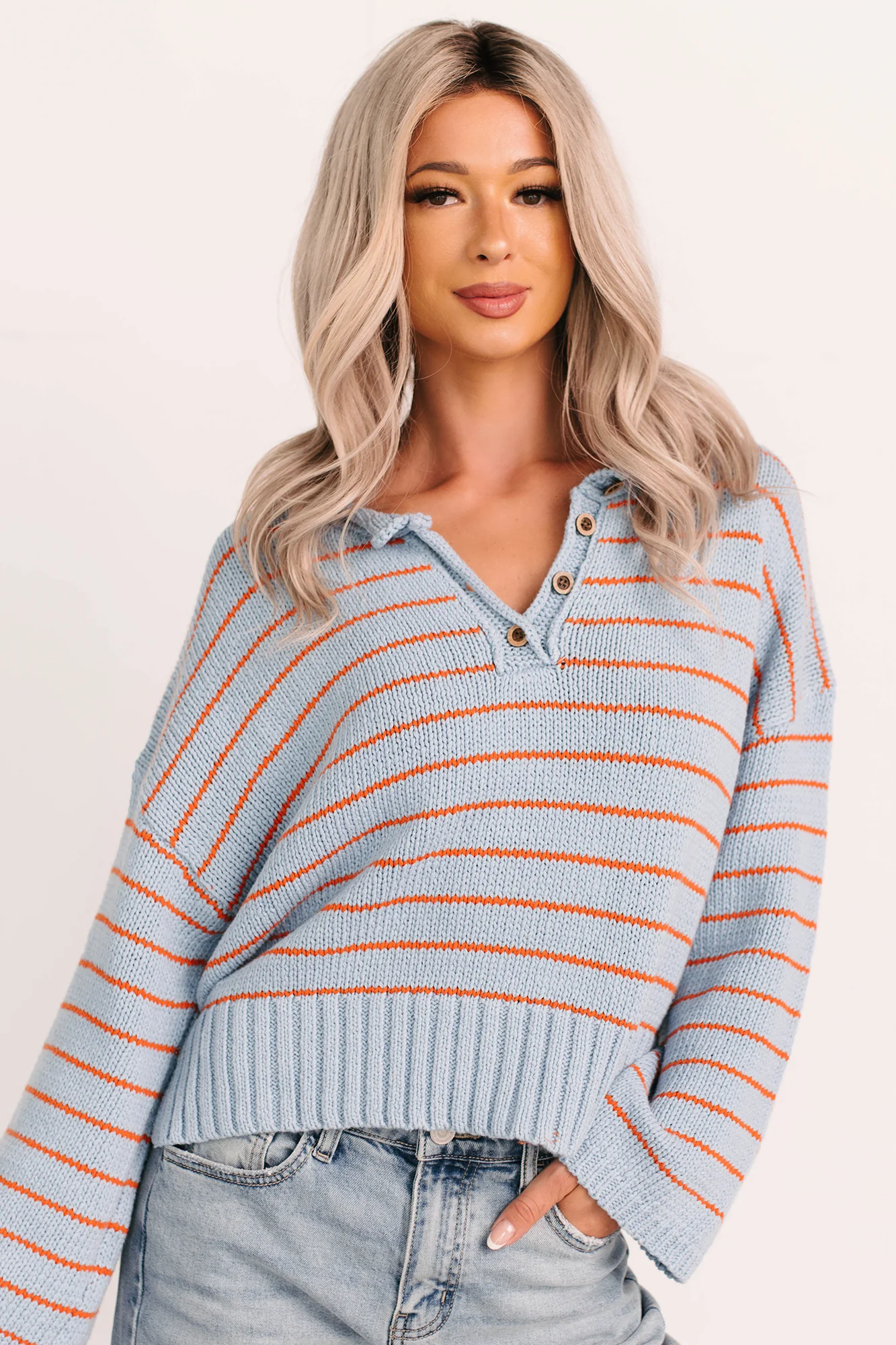 Sunday Comfort Striped Henley Sweater (Blue/Orange) - Image 11