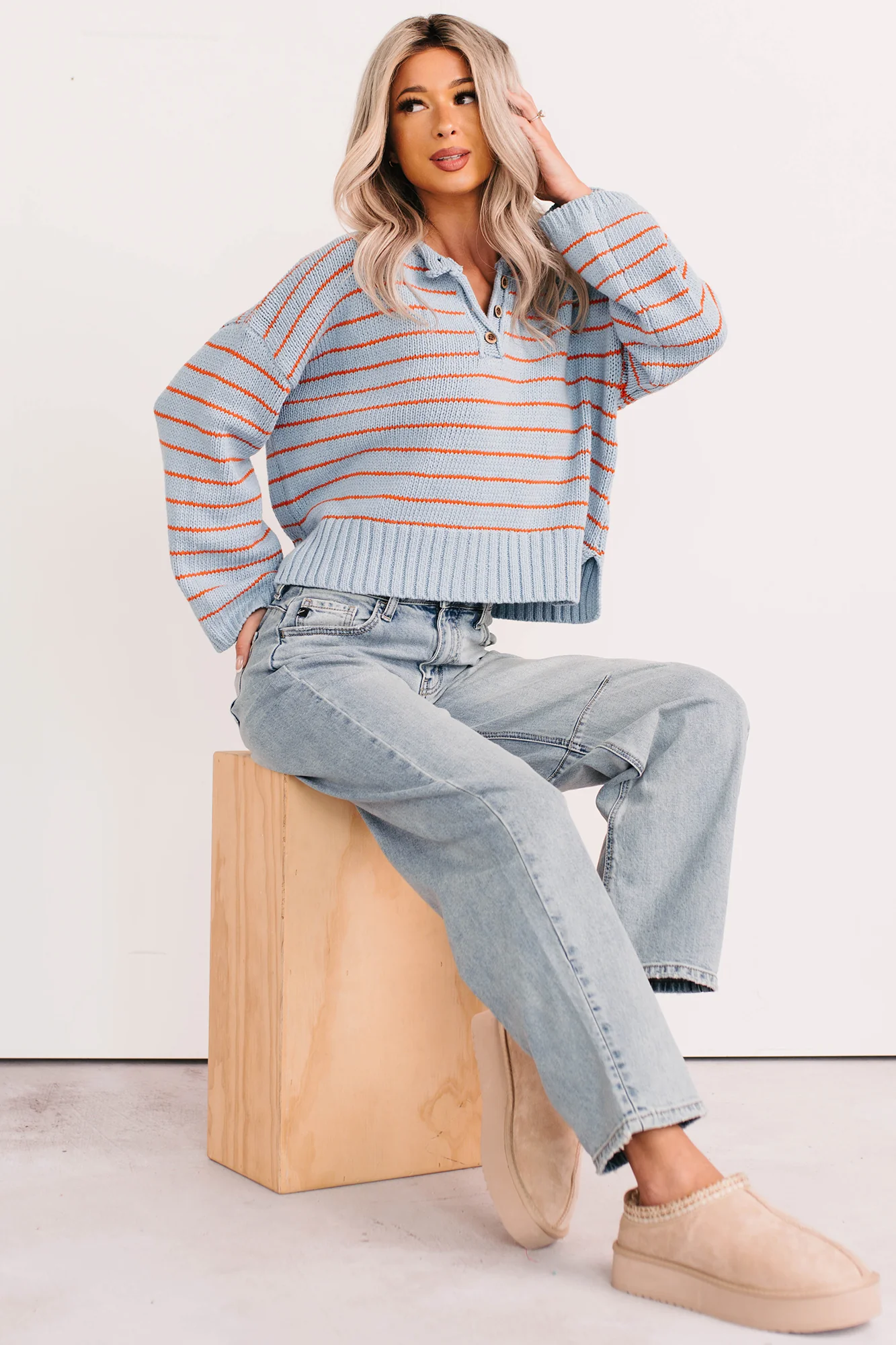 Sunday Comfort Striped Henley Sweater (Blue/Orange) - Image 3