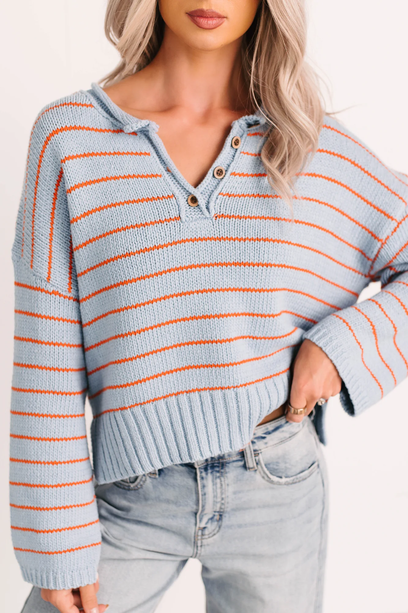 Sunday Comfort Striped Henley Sweater (Blue/Orange) - Image 6