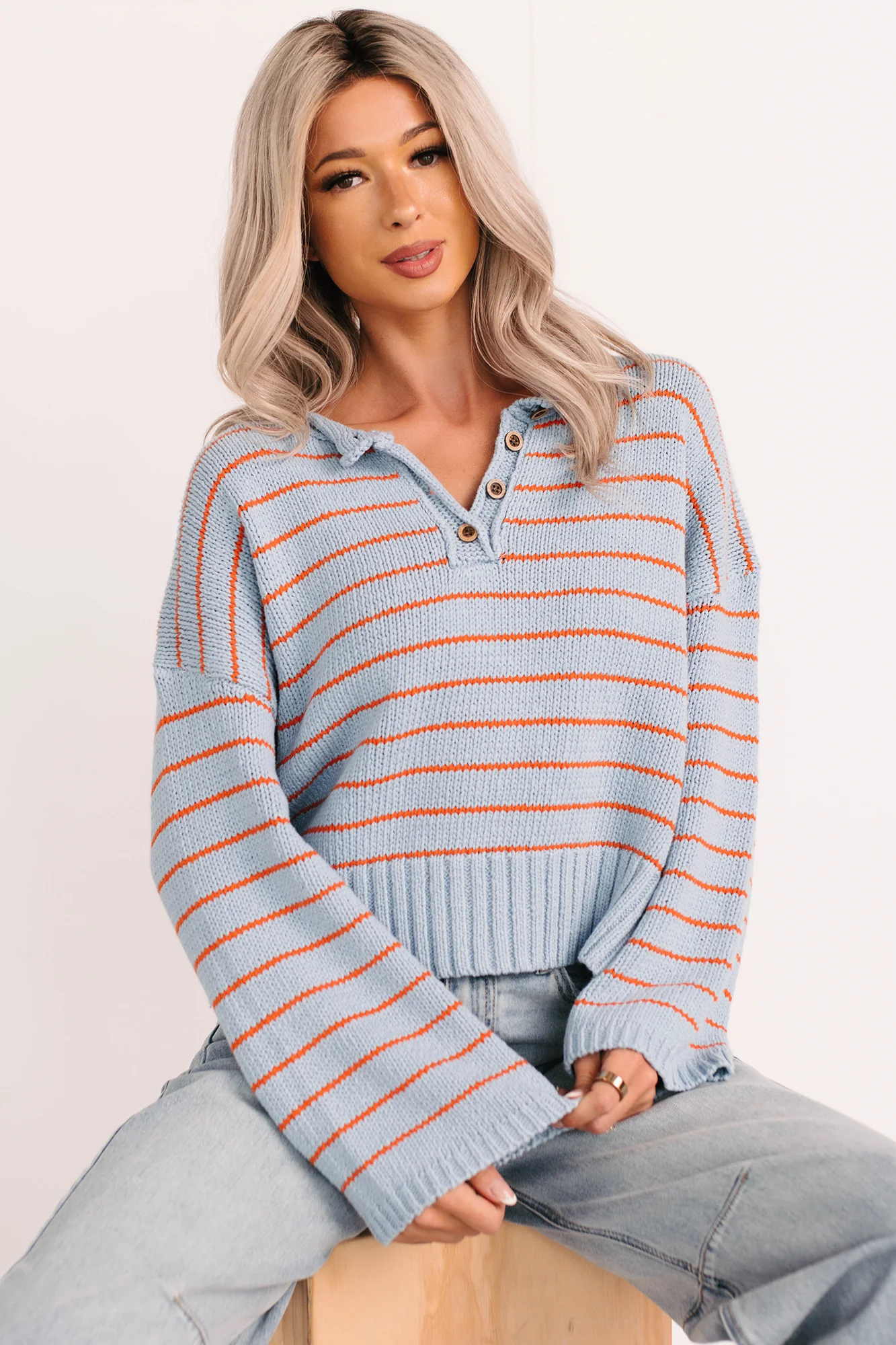 Sunday Comfort Striped Henley Sweater (Blue/Orange) - Image 7