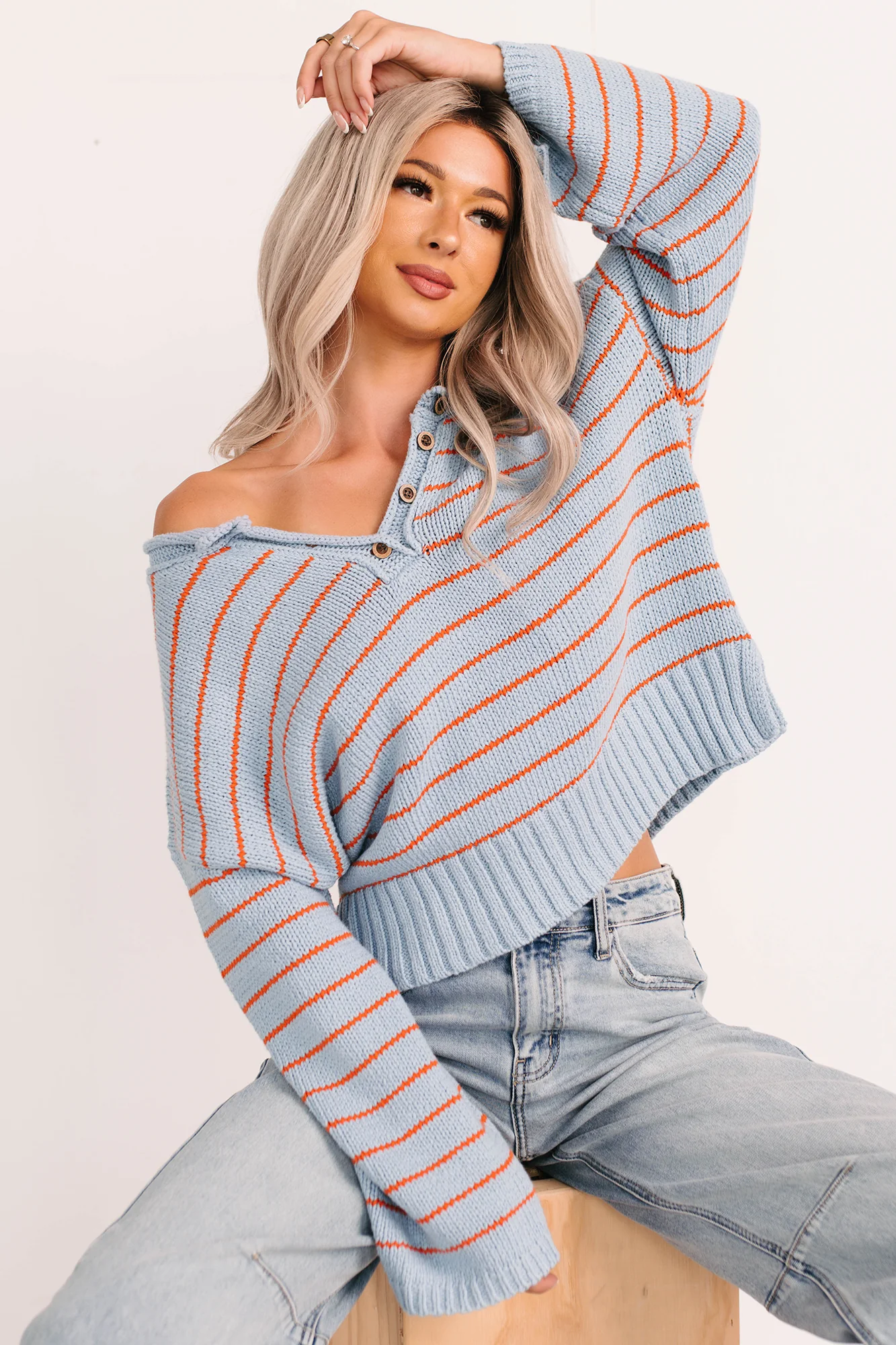 Sunday Comfort Striped Henley Sweater (Blue/Orange) - Image 8