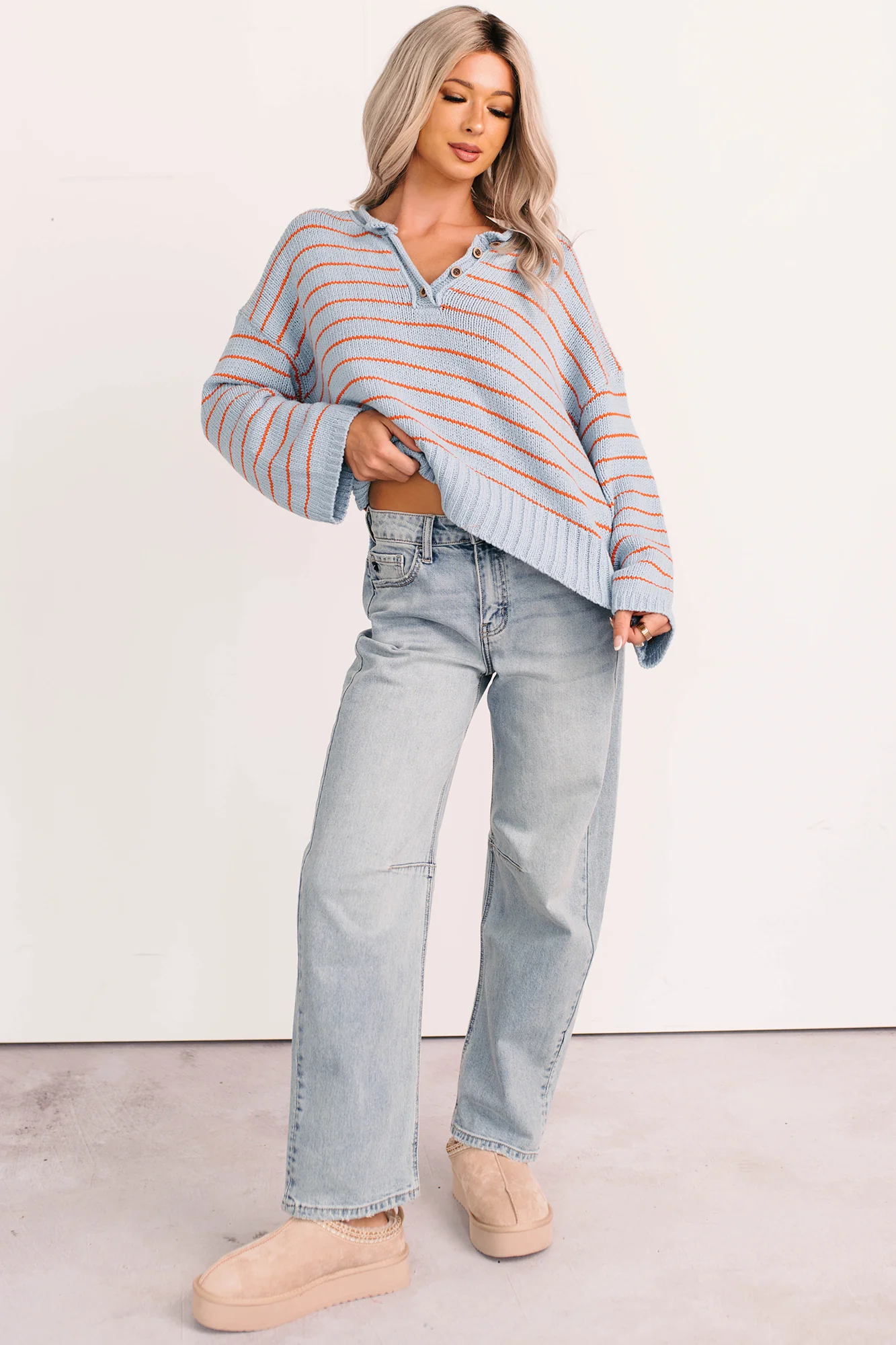 Sunday Comfort Striped Henley Sweater (Blue/Orange) - Image 9