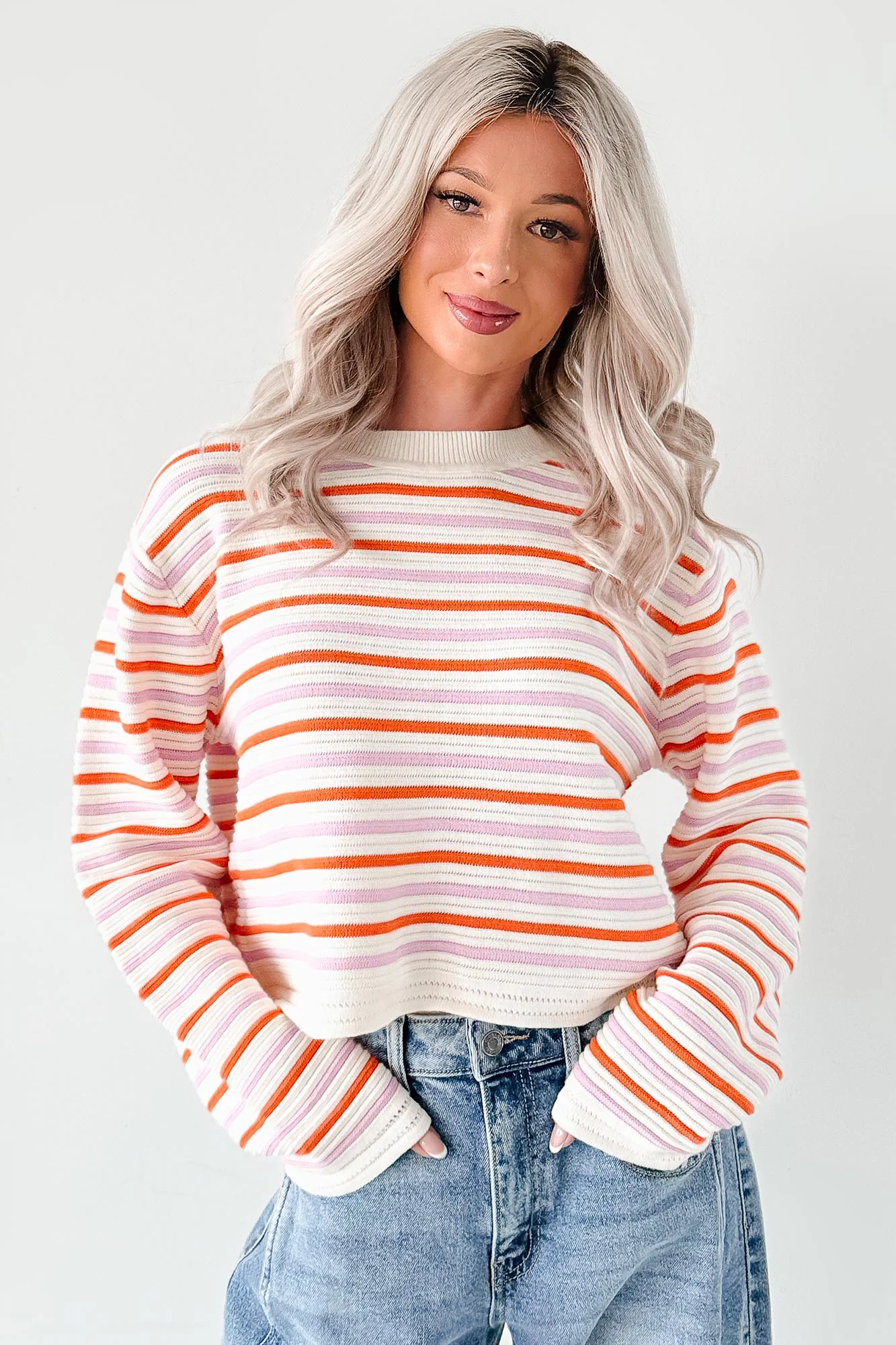 Sunset Feelings Stripe Knit Sweater (Cream/Pink/Orange) - Image 4