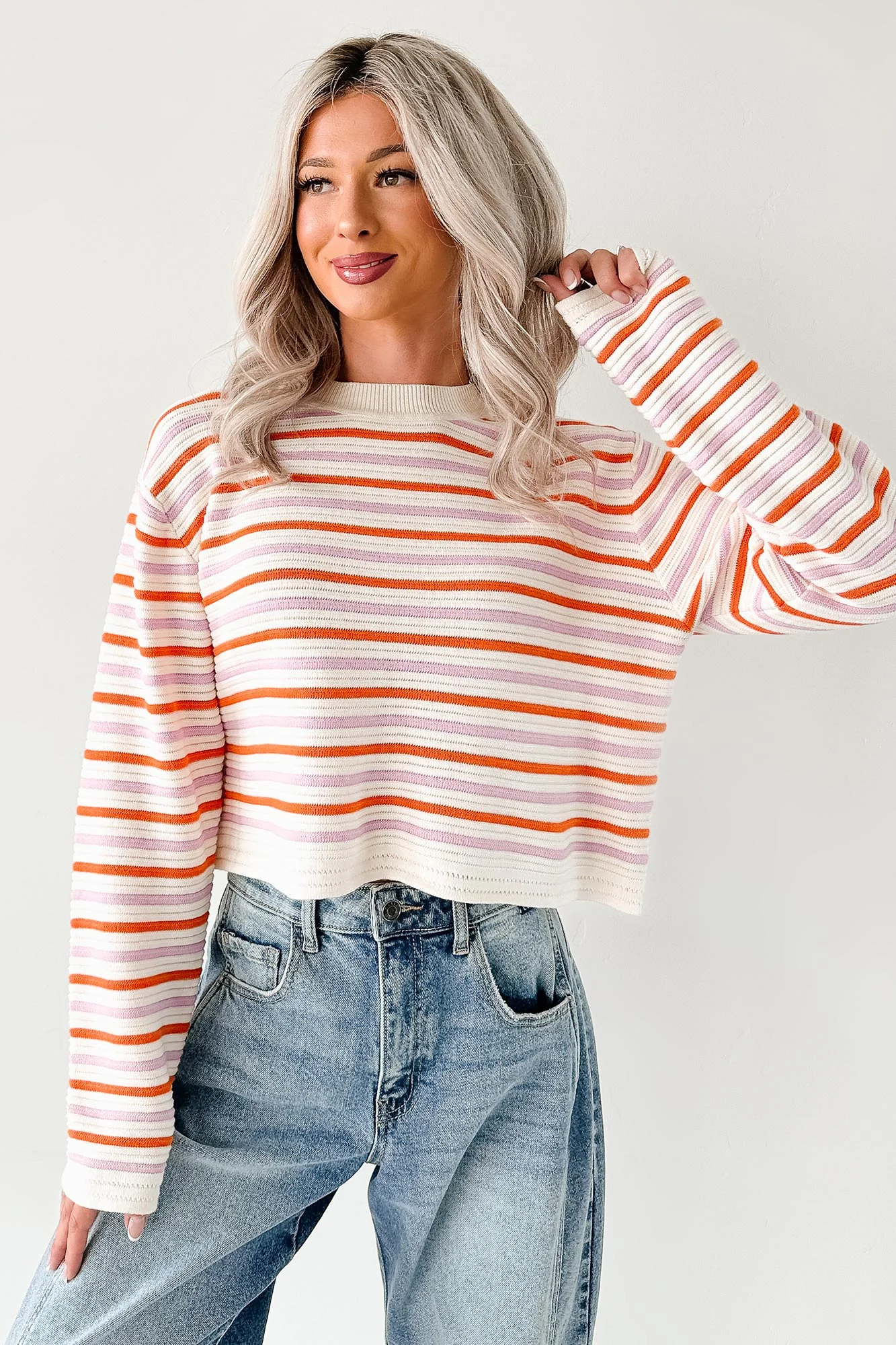 Sunset Feelings Stripe Knit Sweater (Cream/Pink/Orange) - Image 7