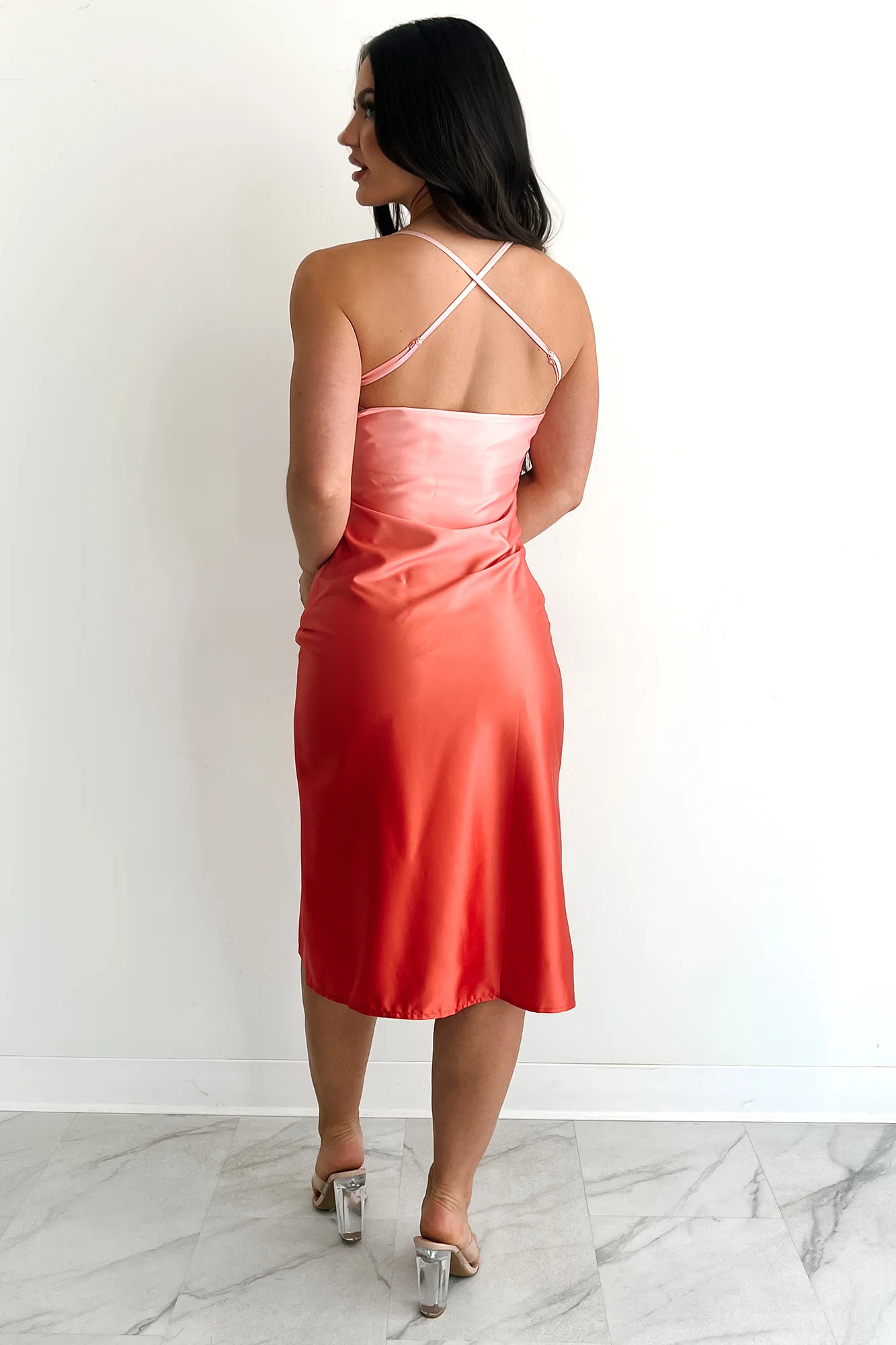 Sunset Memories Satin Midi Dress (Red-Orange) - Image 3