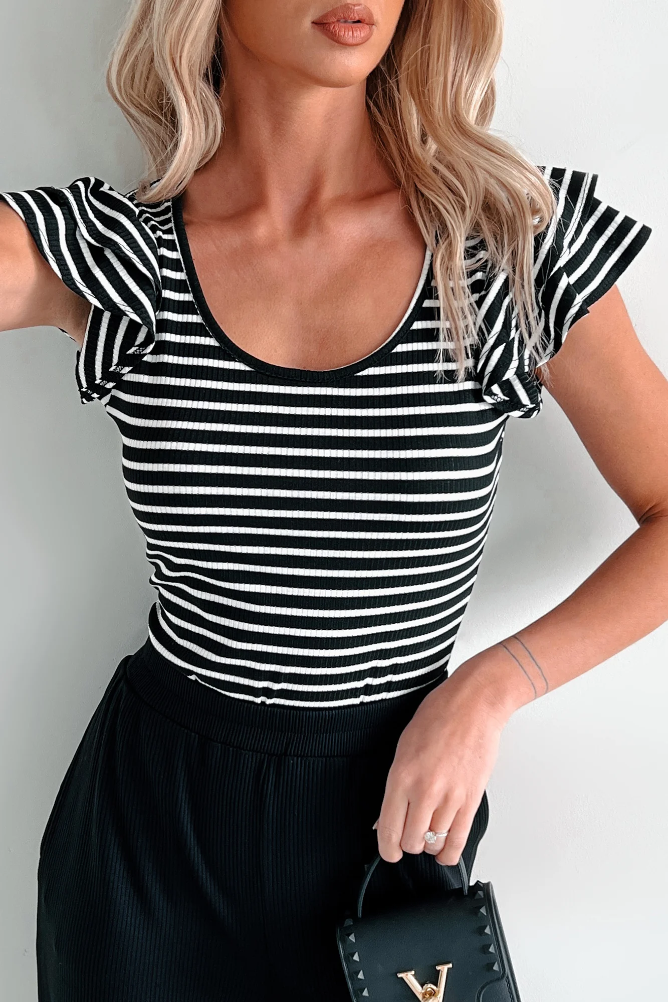 Sweet As Honey Ruffle Sleeve Striped Bodysuit (Black/White) - Image 10