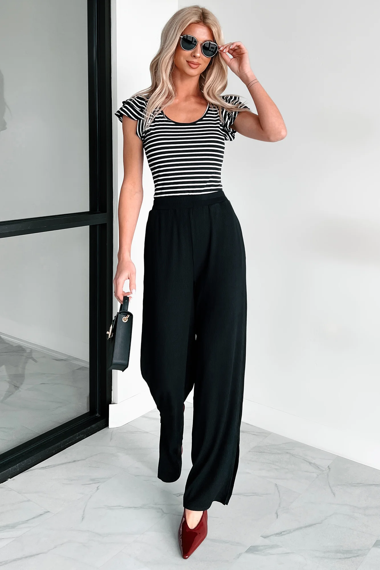 Sweet As Honey Ruffle Sleeve Striped Bodysuit (Black/White) - Image 13