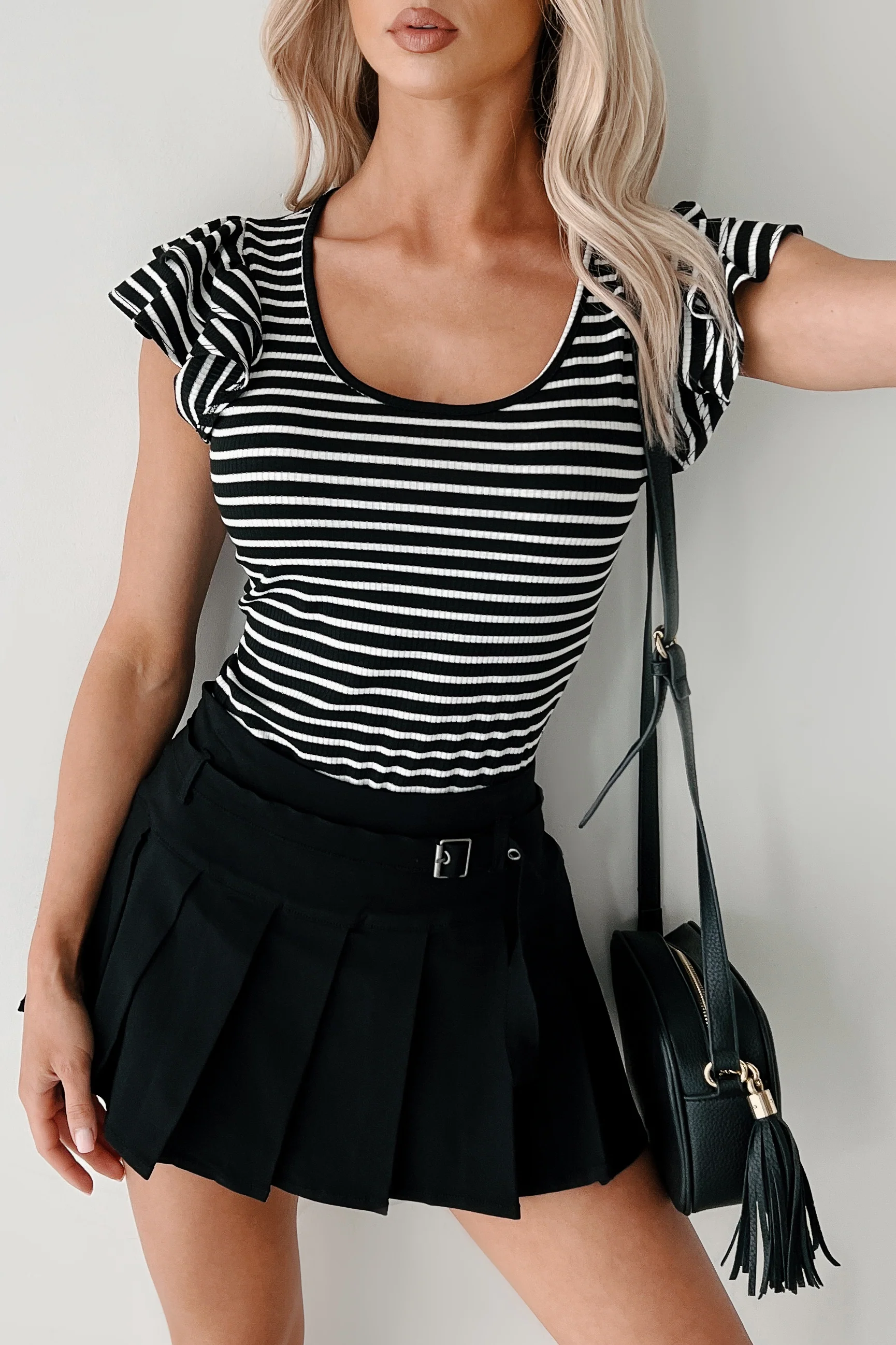 Sweet As Honey Ruffle Sleeve Striped Bodysuit (Black/White) - Image 17