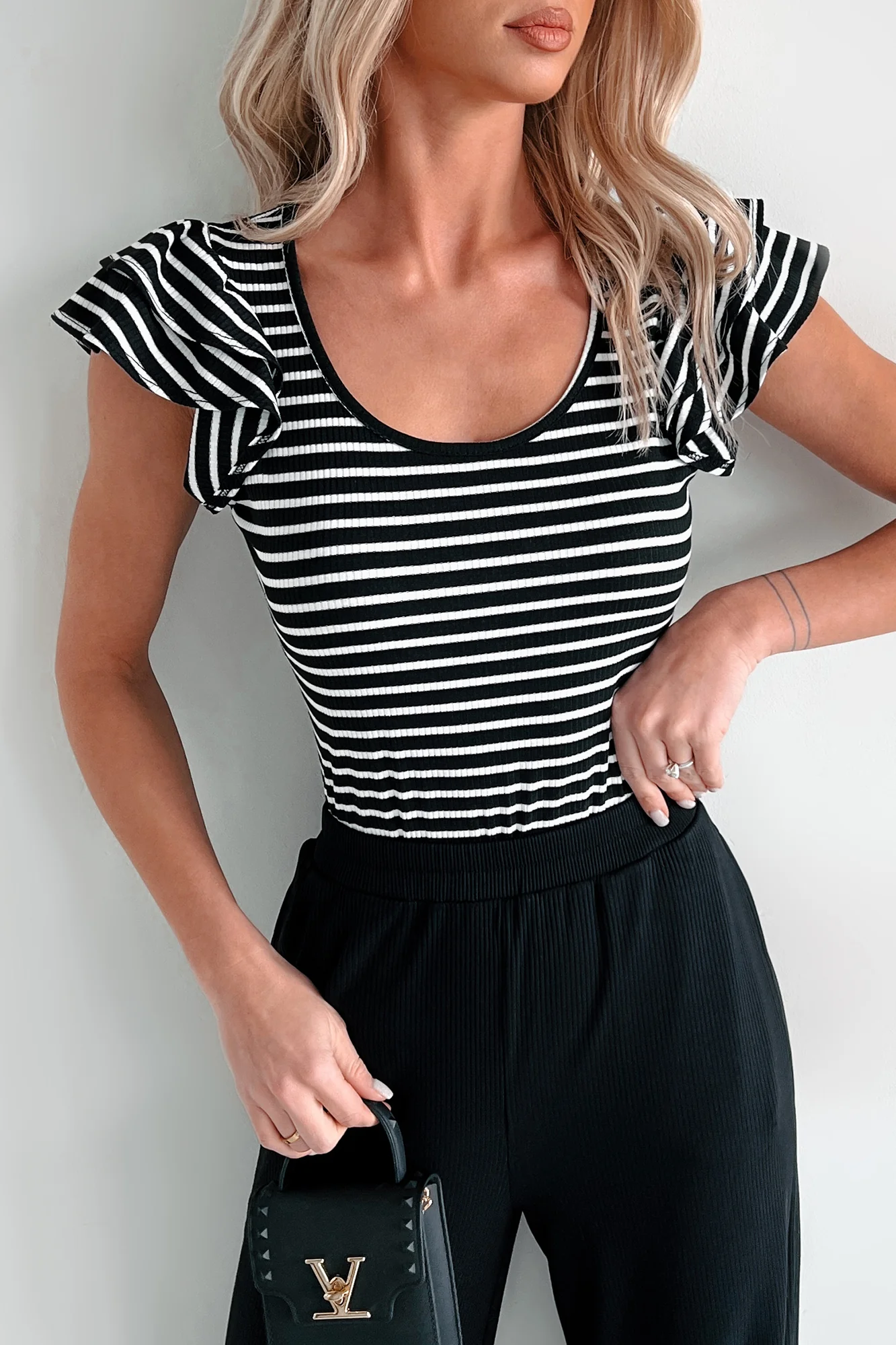 Sweet As Honey Ruffle Sleeve Striped Bodysuit (Black/White) - Image 5