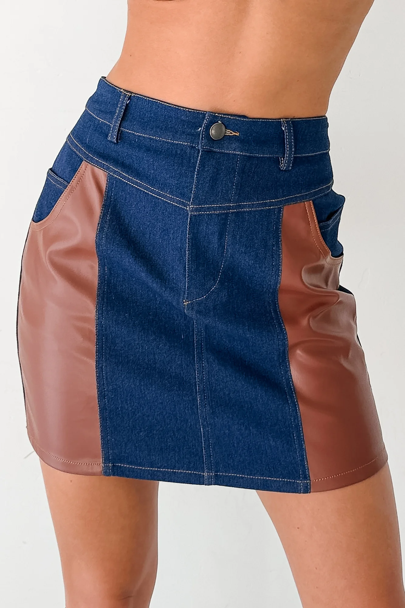 Sweet Horizon Faux Leather & Denim Mini Skirt (Dark Denim) - Image 3