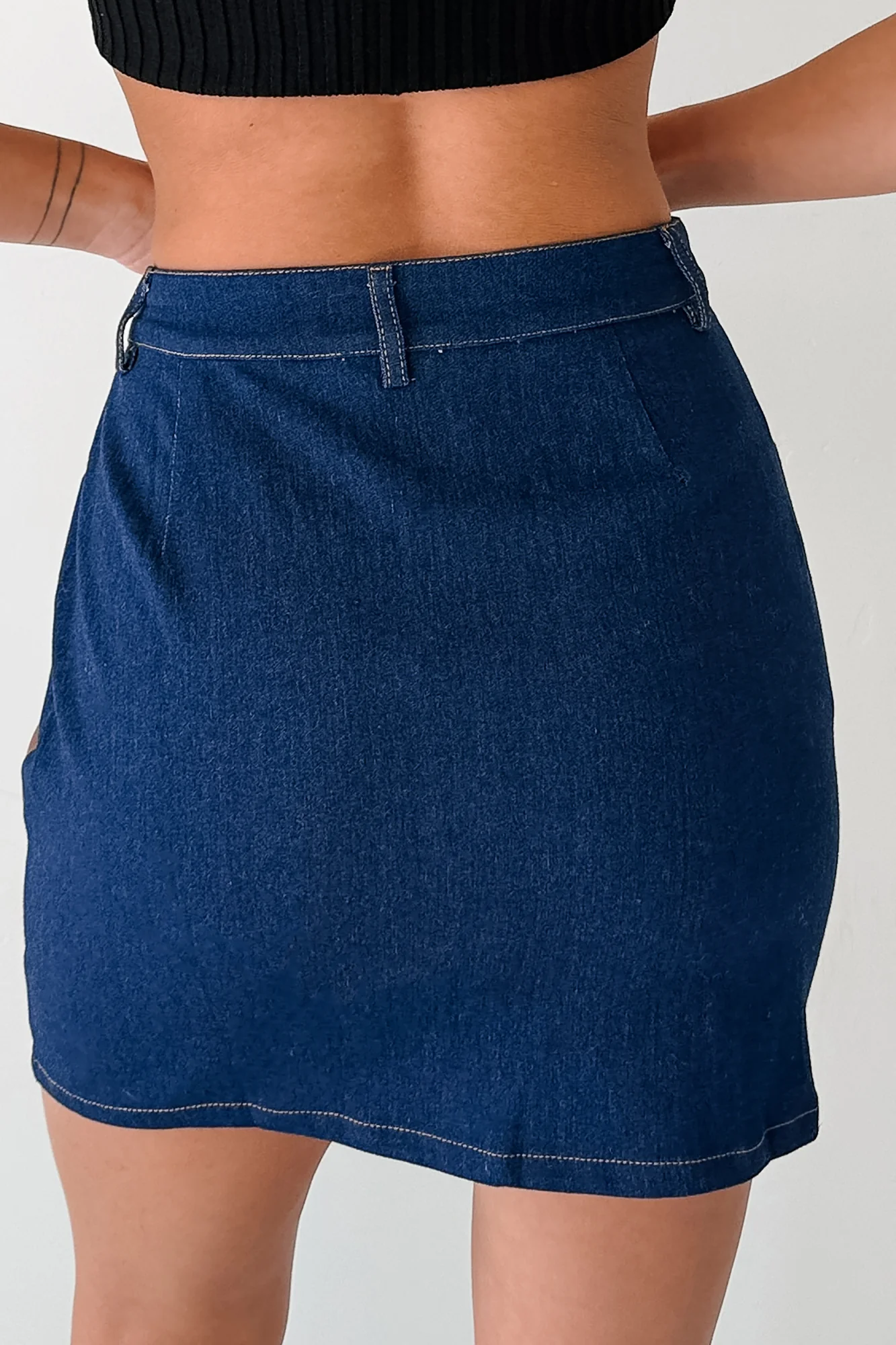 Sweet Horizon Faux Leather & Denim Mini Skirt (Dark Denim) - Image 4