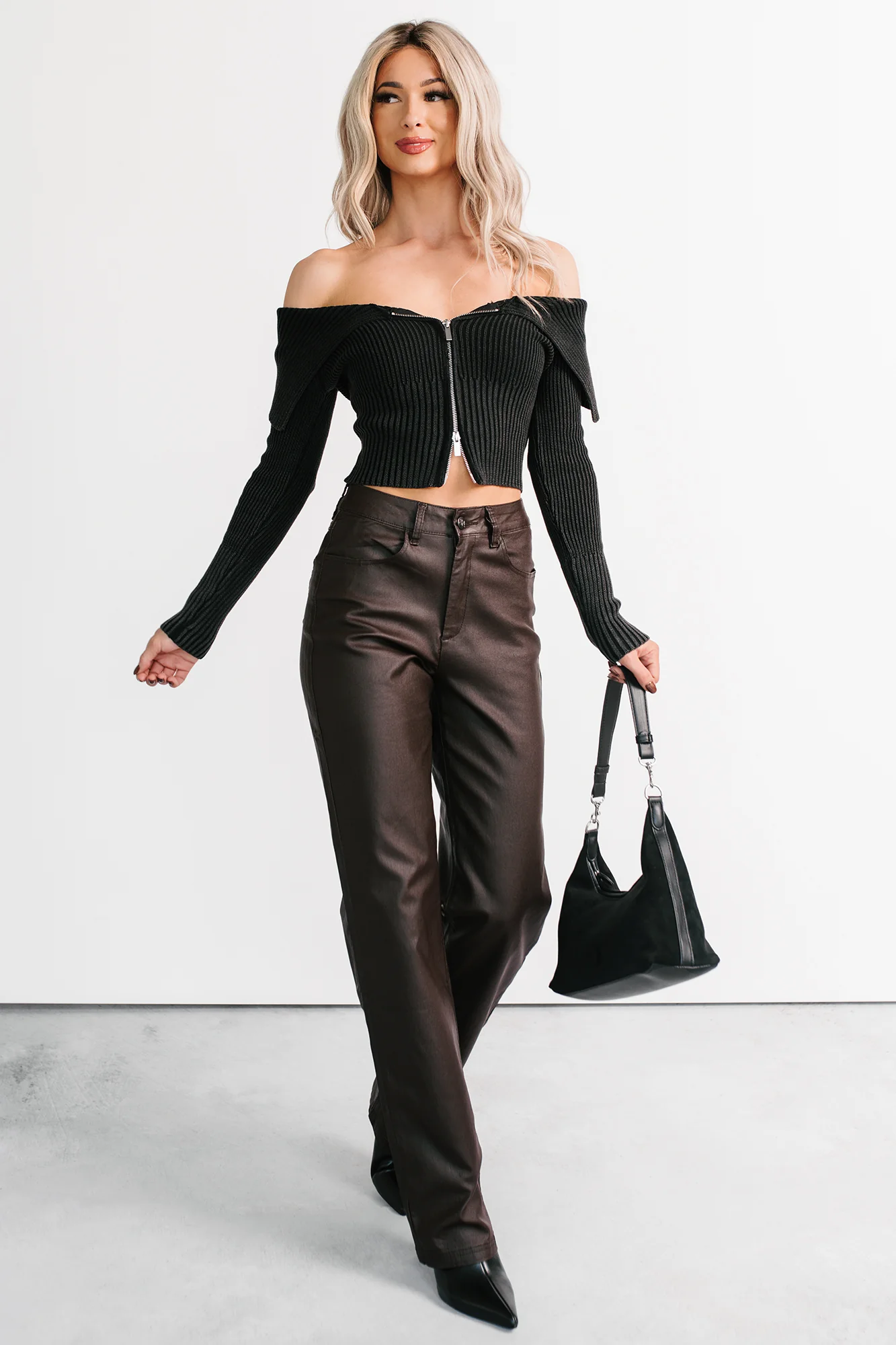Sweet Spell Off The Shoulder Zip-Up Sweater (Black) - Image 2