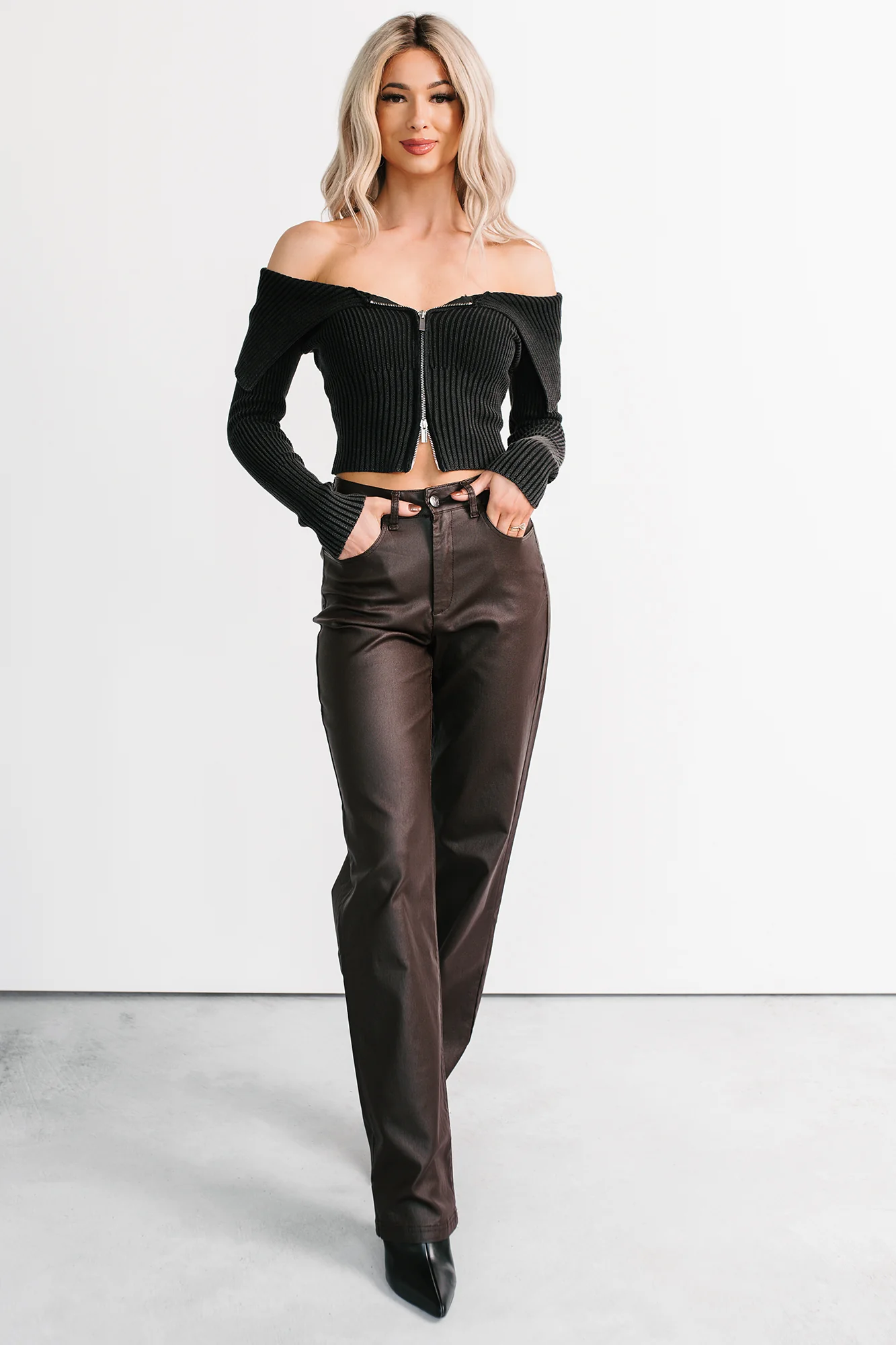Sweet Spell Off The Shoulder Zip-Up Sweater (Black) - Image 6