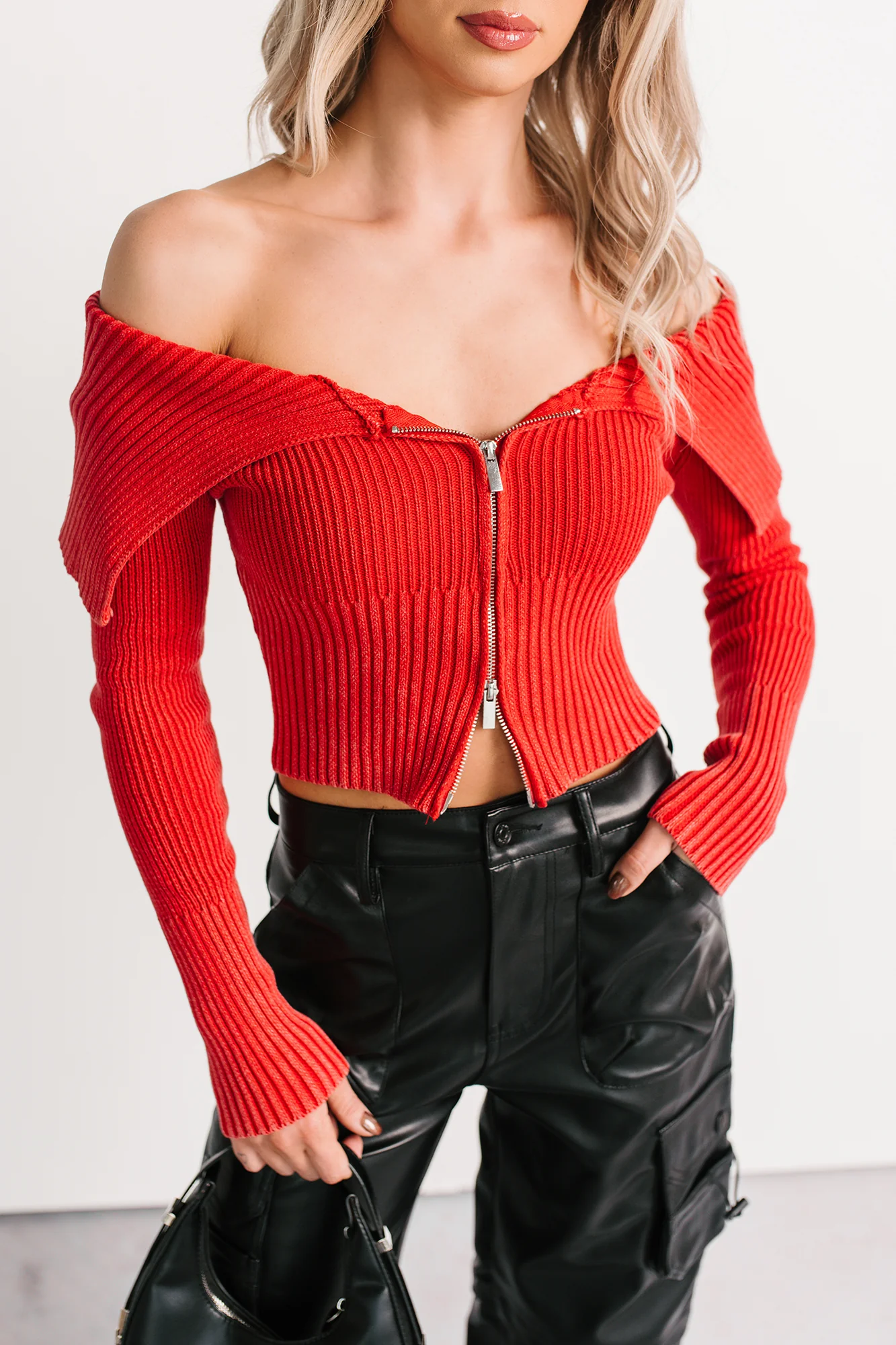 Sweet Spell Off The Shoulder Zip-Up Sweater (Red) - Image 3