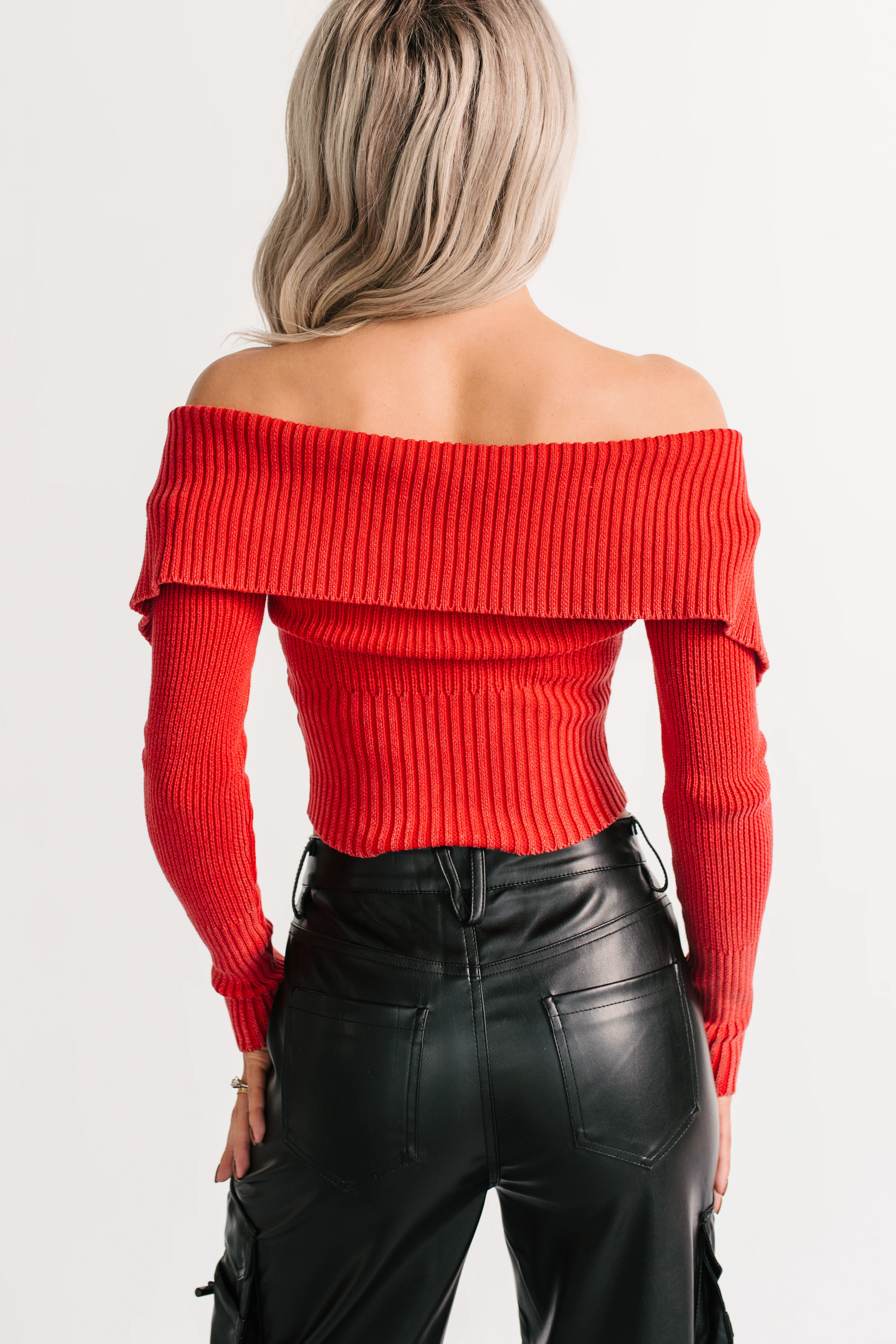 Sweet Spell Off The Shoulder Zip-Up Sweater (Red) - Image 4