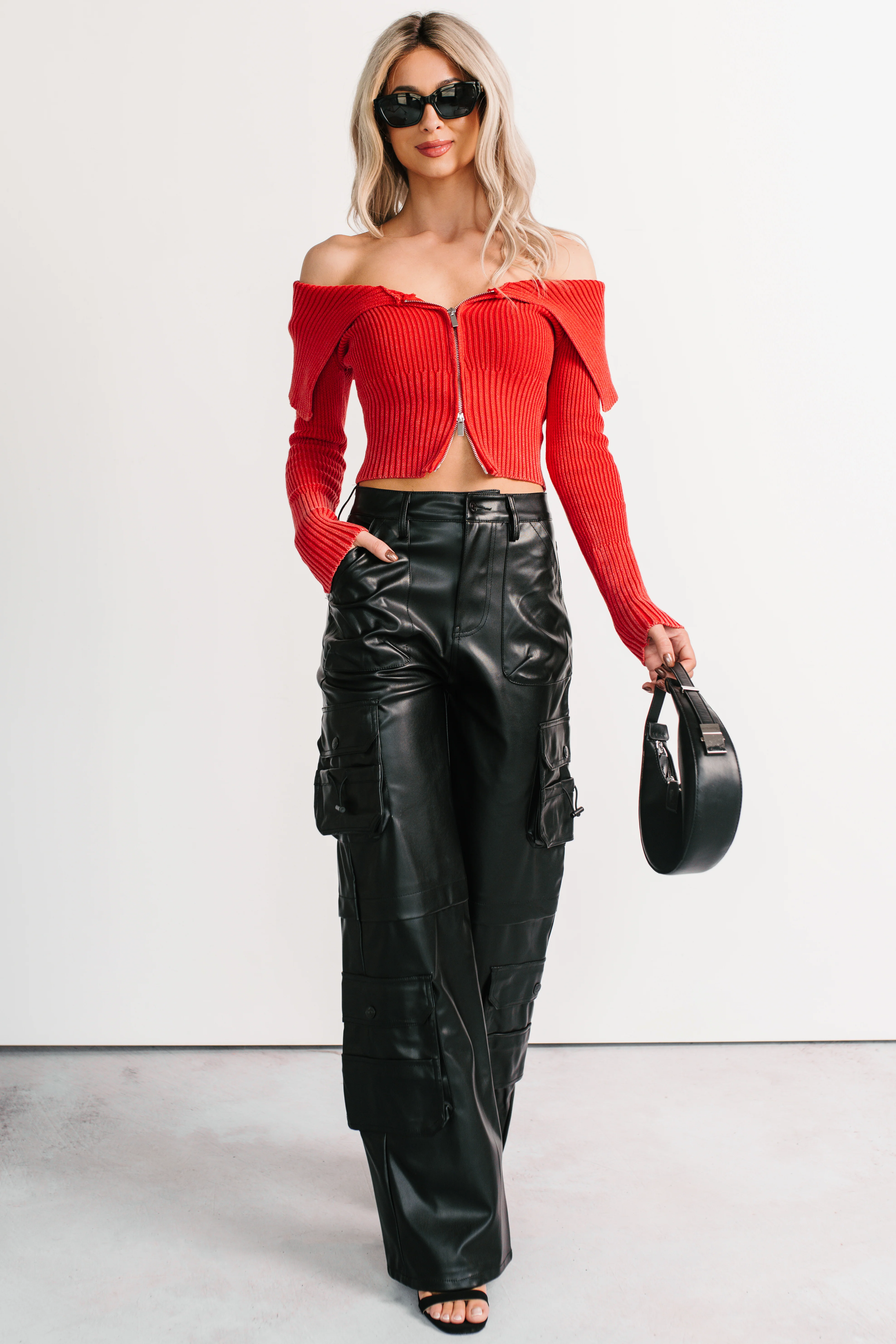 Sweet Spell Off The Shoulder Zip-Up Sweater (Red) - Image 5