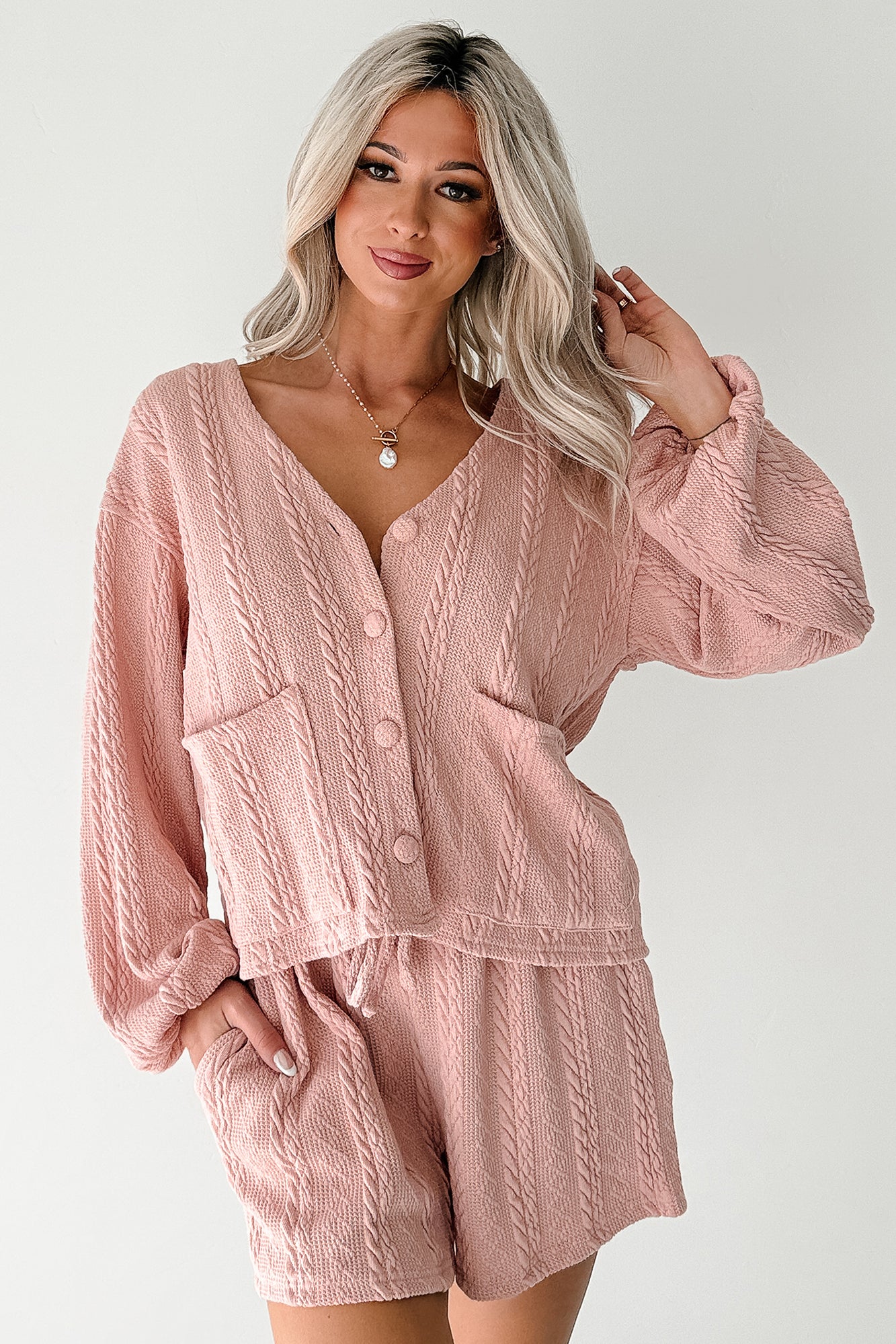 Sweet & Steady Cable Knit Cardigan Set (Dusty Pink) - Image 7