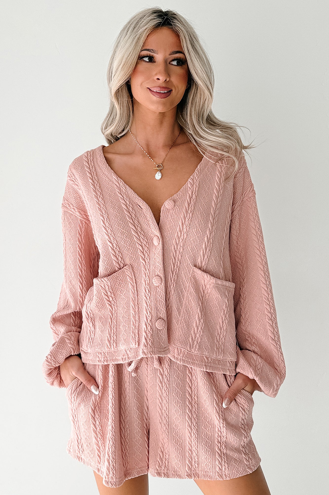 Sweet & Steady Cable Knit Cardigan Set (Dusty Pink) - Image 8